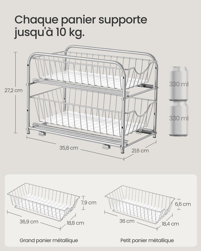 Organiseur de Cuisine, Étagère sous Évier, 2 Paniers Coulissants, Empilable,pour Rangement dans Placard, pour Cuisine, Salle de Bain,Gris Tourterelle - 5