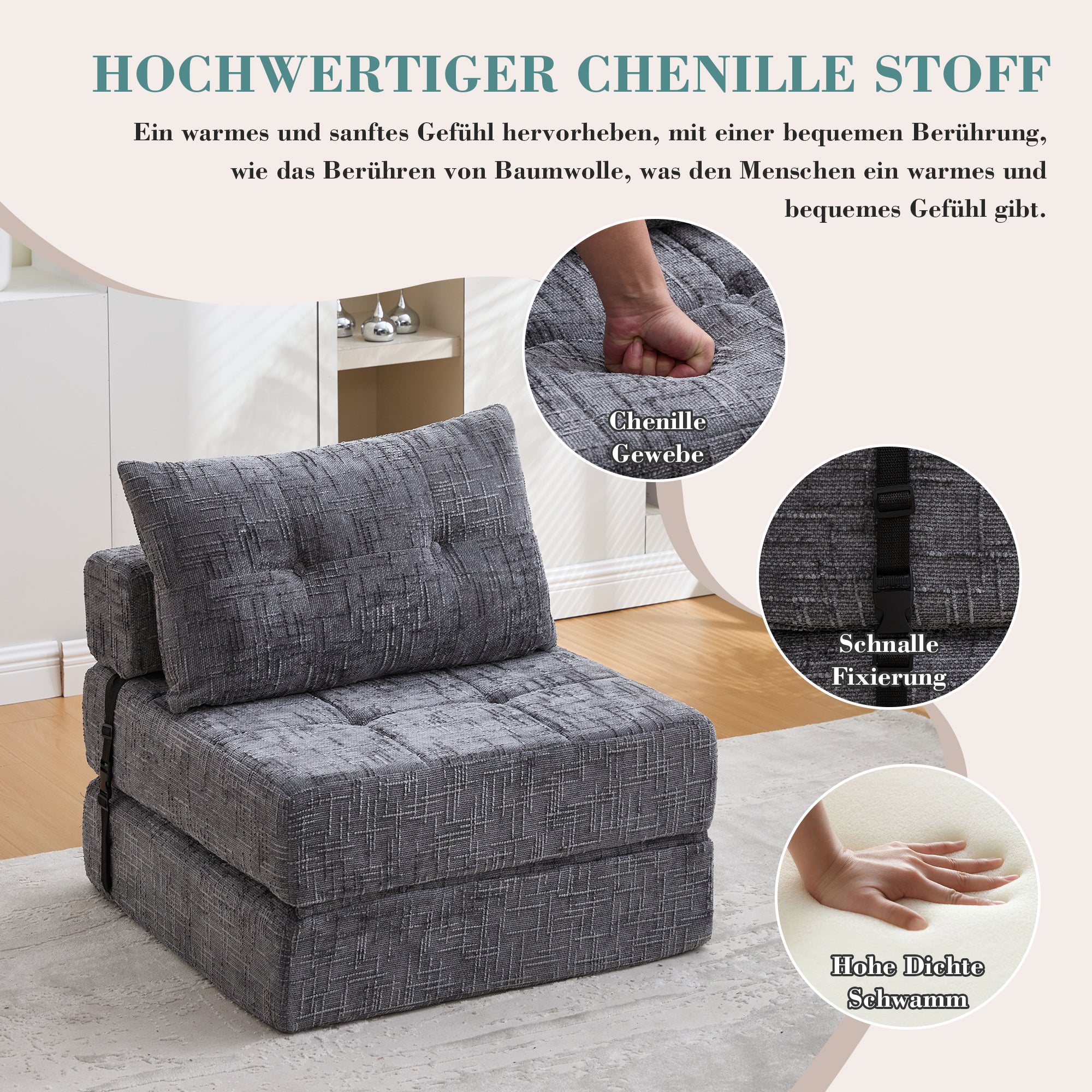 Canapé-lit pliable, canapé-lit avec coussins, matelas pliable avec dossier, canapé pliant portable, canapé de sol confortable pour salon et chambre - 3