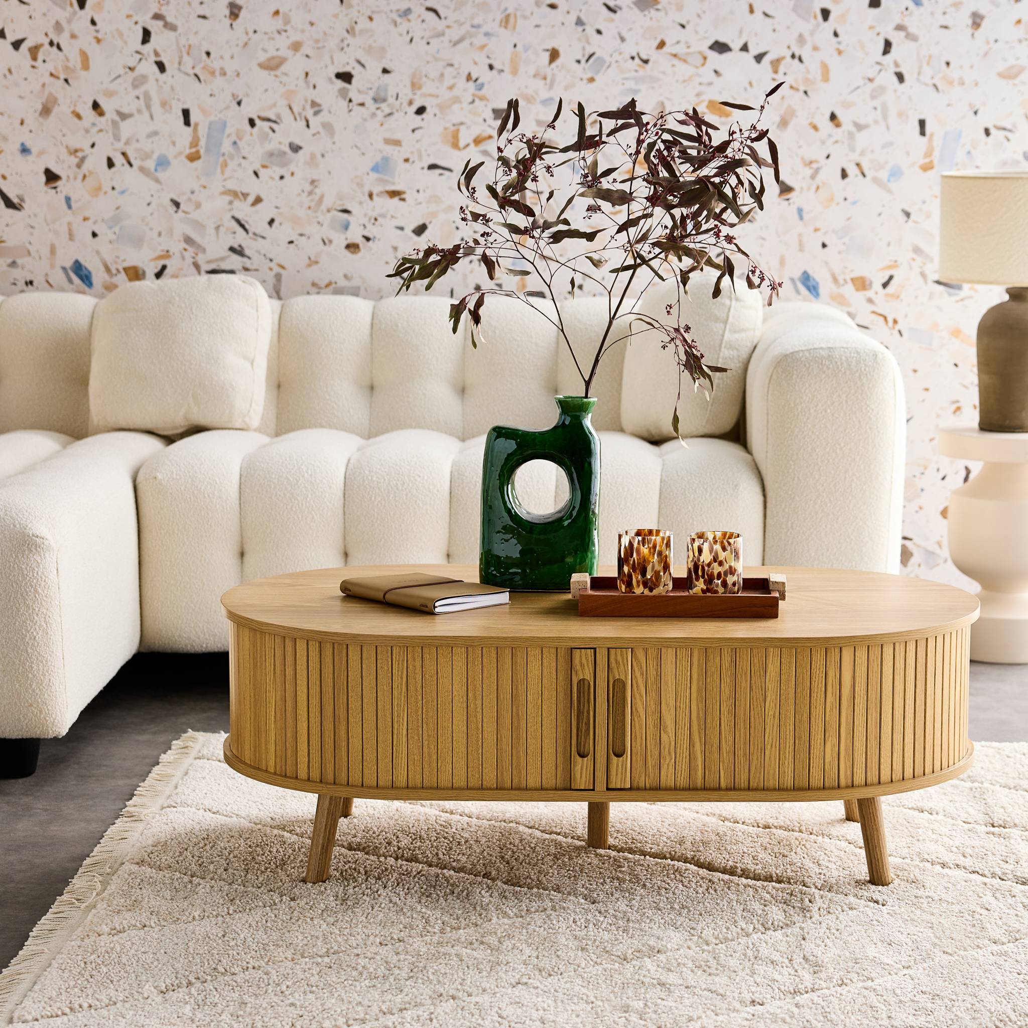 Table basse 2 portes coulissantes avec 3 compartiments décor bois rainuré. L 110 x P 59 x H 39cm LEGACY - 3