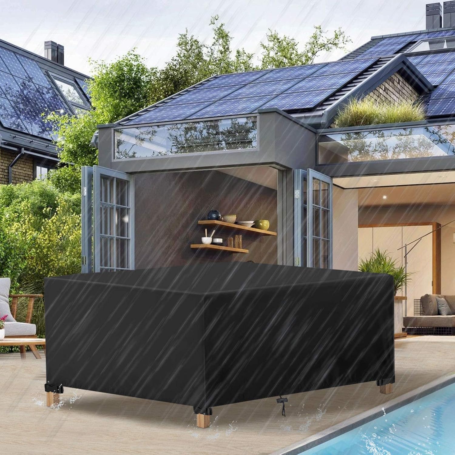 Pokrowiec ochronny na meble 126*126*74 cm, wodoodporny, do mebli ogrodowych, odpowiedni do stołów, sof, foteli, krzeseł, czarny.