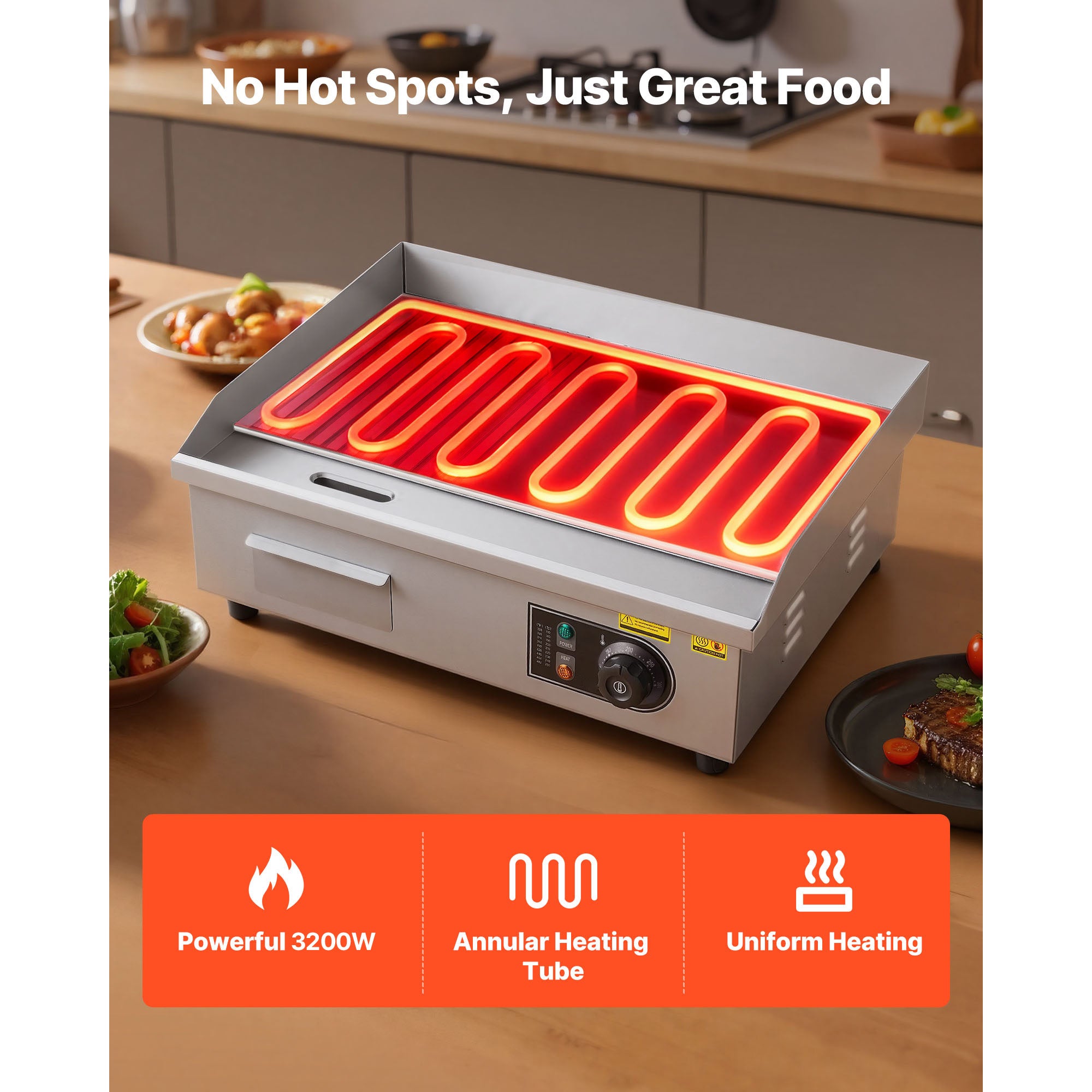Gril Plancha SucceBuy Électrique 3200 W, Plaque Fer 535 x 300 mm, Thermostat 50-300 °C, Corps Inox, Bac à Graisse, Table Pro - 4