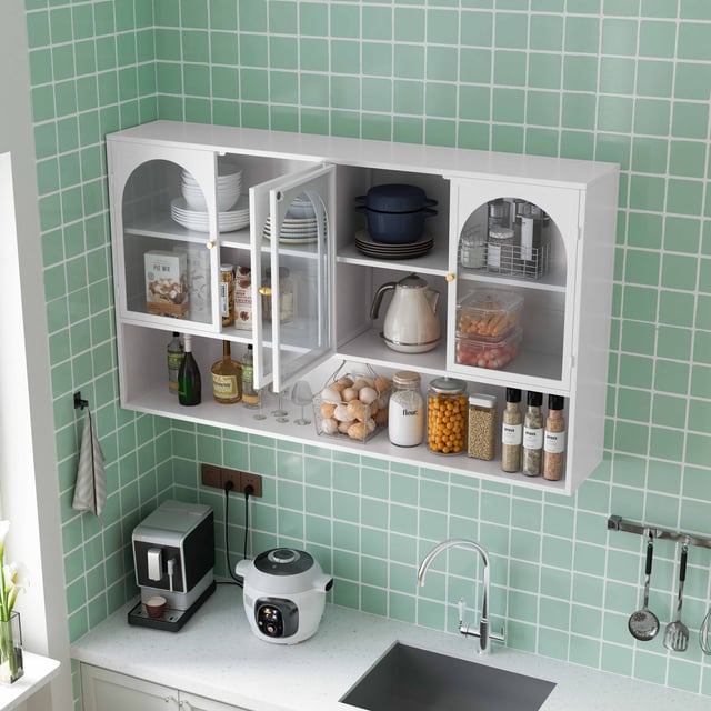 Armoire murale en verre à 4 portes, 120 cm, murale, pour cuisine, salon et salle de bain (Blanc)