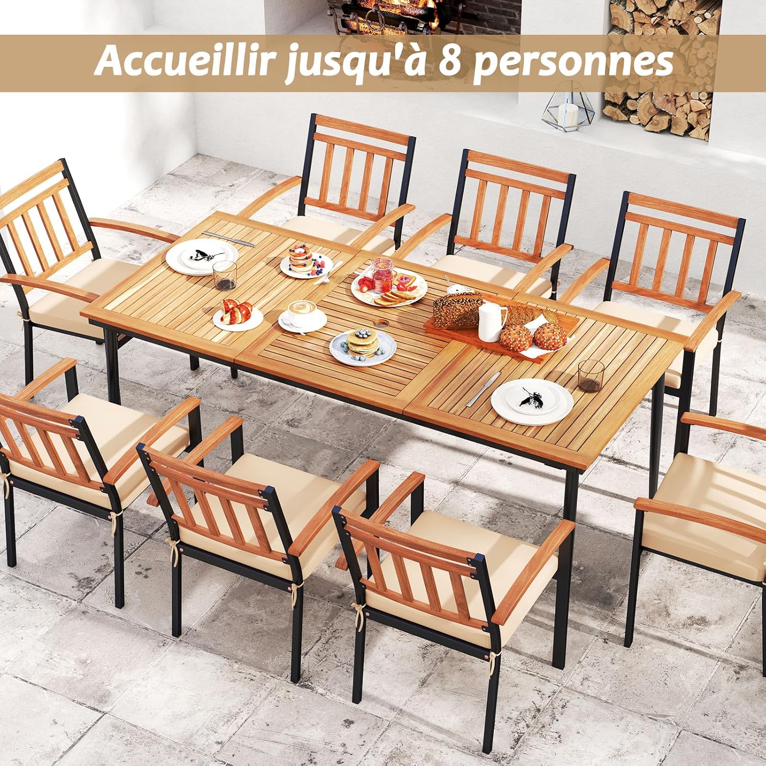 Table de Salle à Manger Jardin 8 Personnes en Bois d'Acacia-FSC, Table de Jardin Exterieur avec Trou Parasol de 5 CM, Plateau à Lattes, 200 x 90 cm - 8