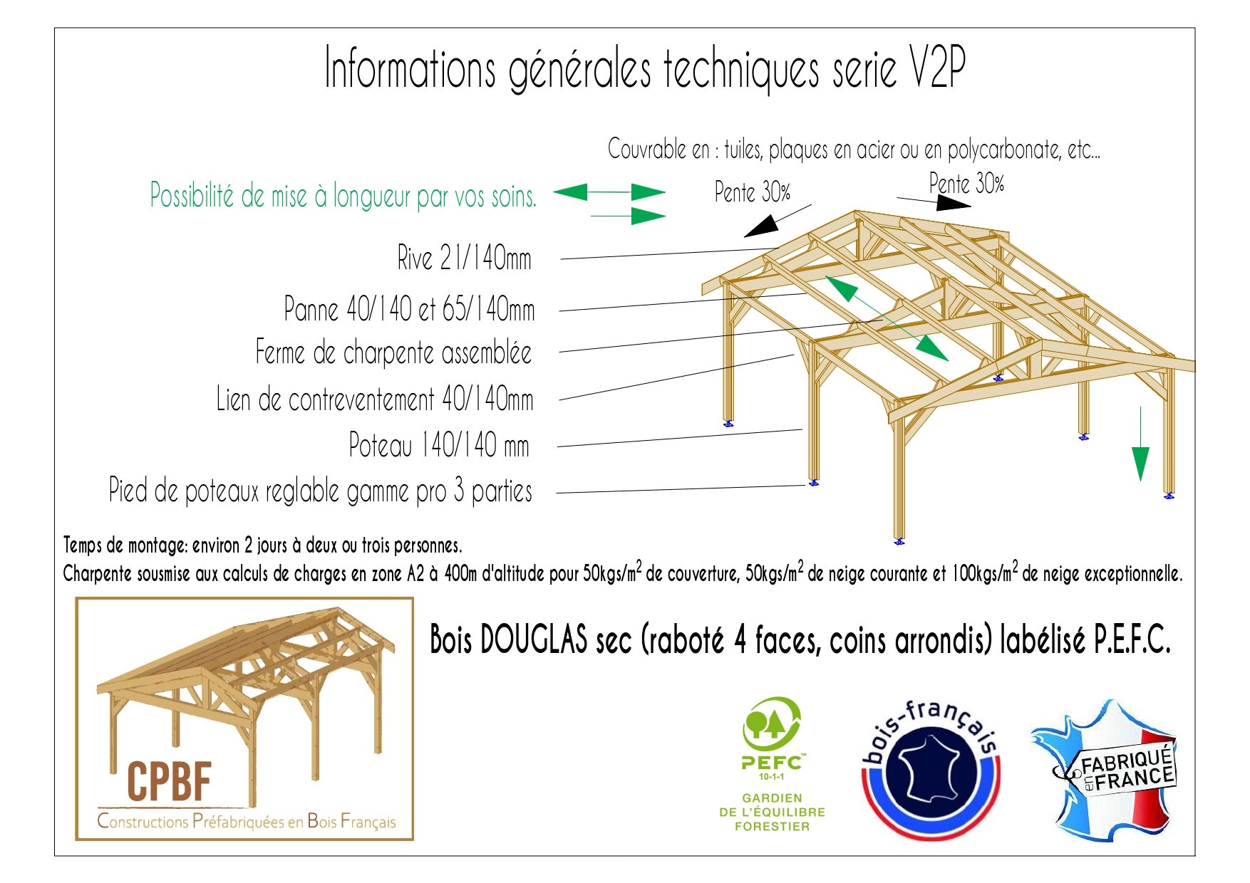 Carport Bois Douglas Français 20 m² – 2 pentes – 4 poteaux – Abri voiture extérieur – Garantie 10 ans - 3