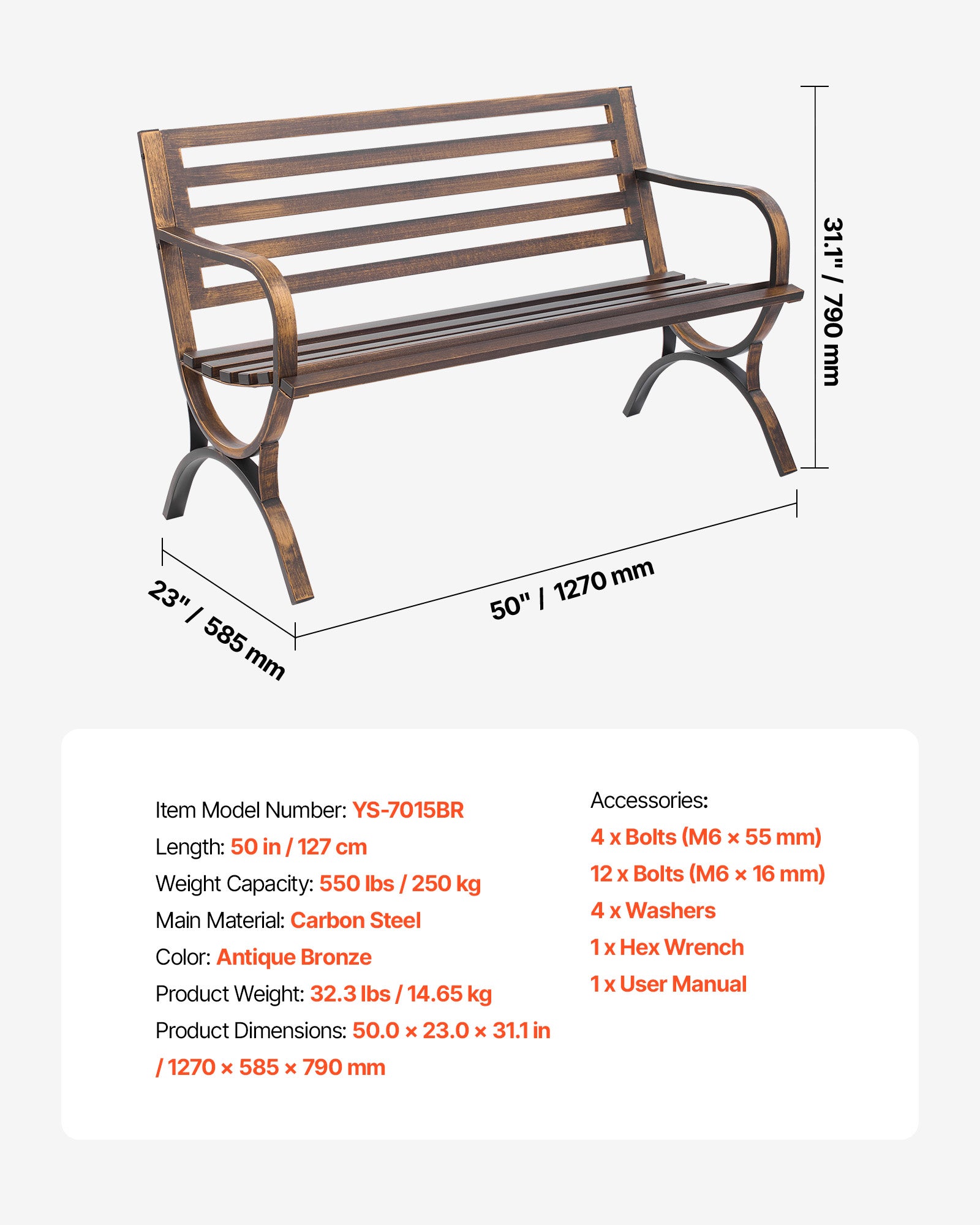 Banc jardin,VEVOR 127 cm,en acier carbone avec dossier lattes,accoudoirs bords arrondis,résistant intempéries pour terrasse,parc,bronze antique - 7