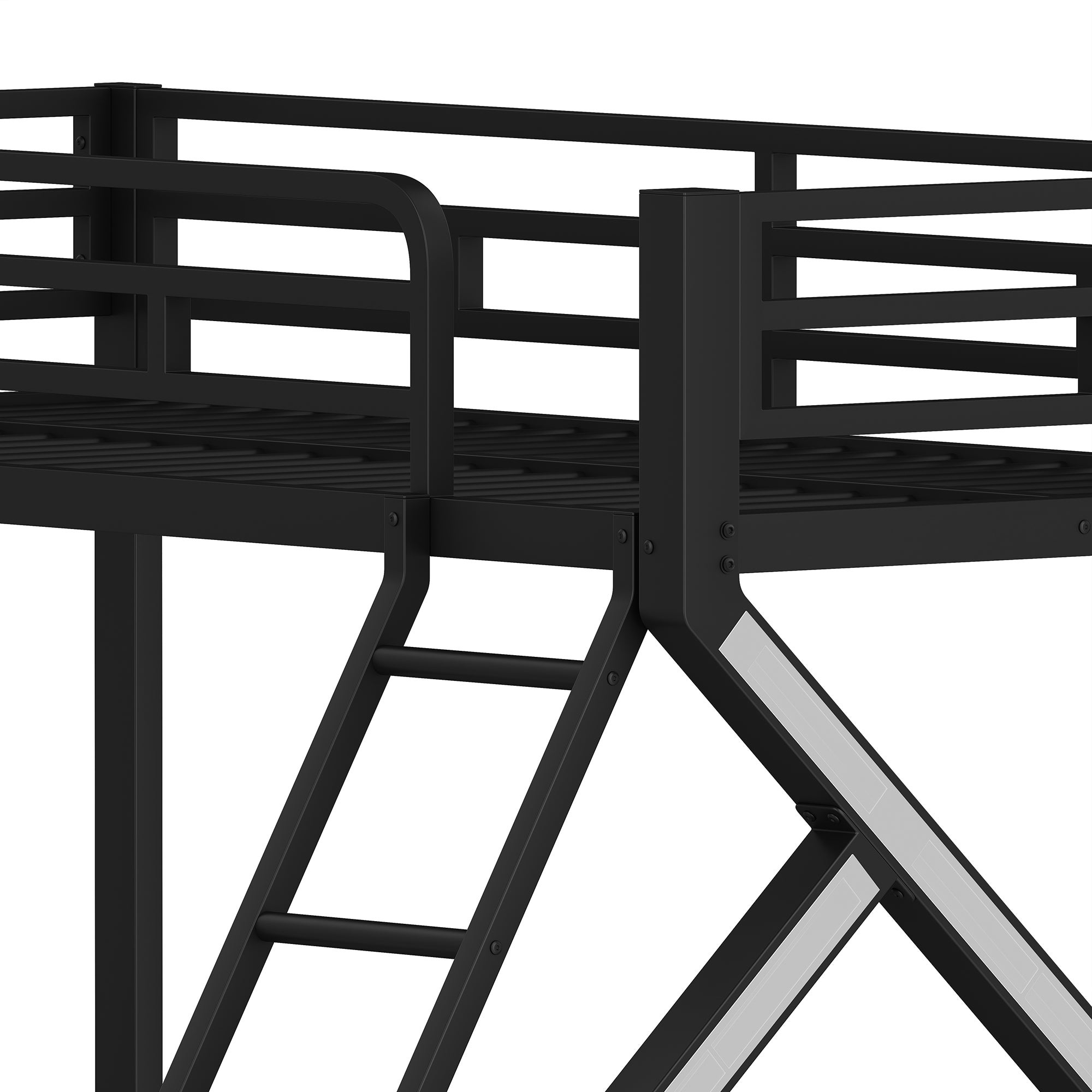 Lit superposé évolutif 90x200 / 140x200 avec LED et sécurité renforcée - Structure métal, garde-corps et échelle - Noir (sans matelas) - 8