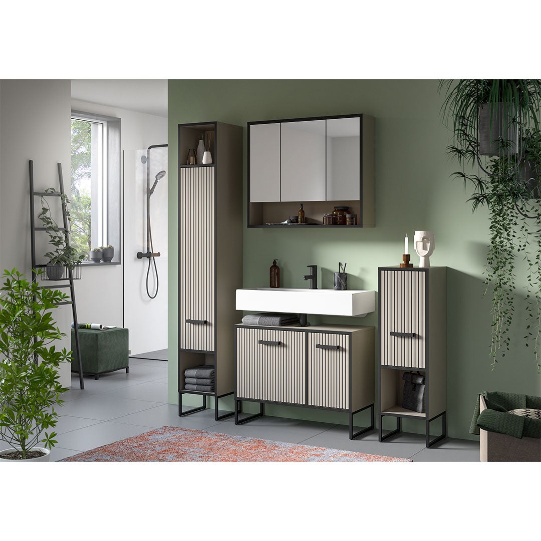 Bagno wysoka szafka łazienkowa 1 drzwi, 2 wnęki jasnoszary, kremowy. - 5
