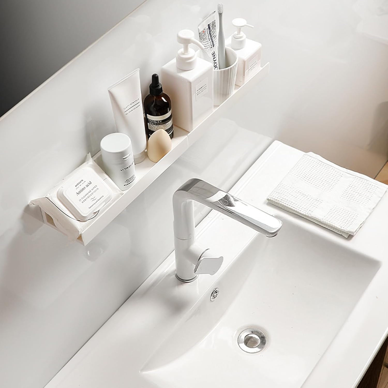 Etagere Murale Blanches, Lot de 2 Étagères Auto-adhésives, Etagere Murale sans Percage,Étagère Murale pour Salle de Bain, Cuisine, Salon, Chambre et - 4