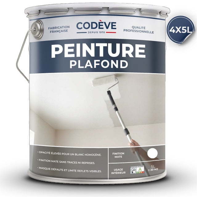 Peinture Plafond - 20 L - Codeve Bois - RAL 9010 - Blanc pur - Intérieure Blanche Mat Pour La Décoration D'un Plafond Neuf, Ancien Ou Peint.