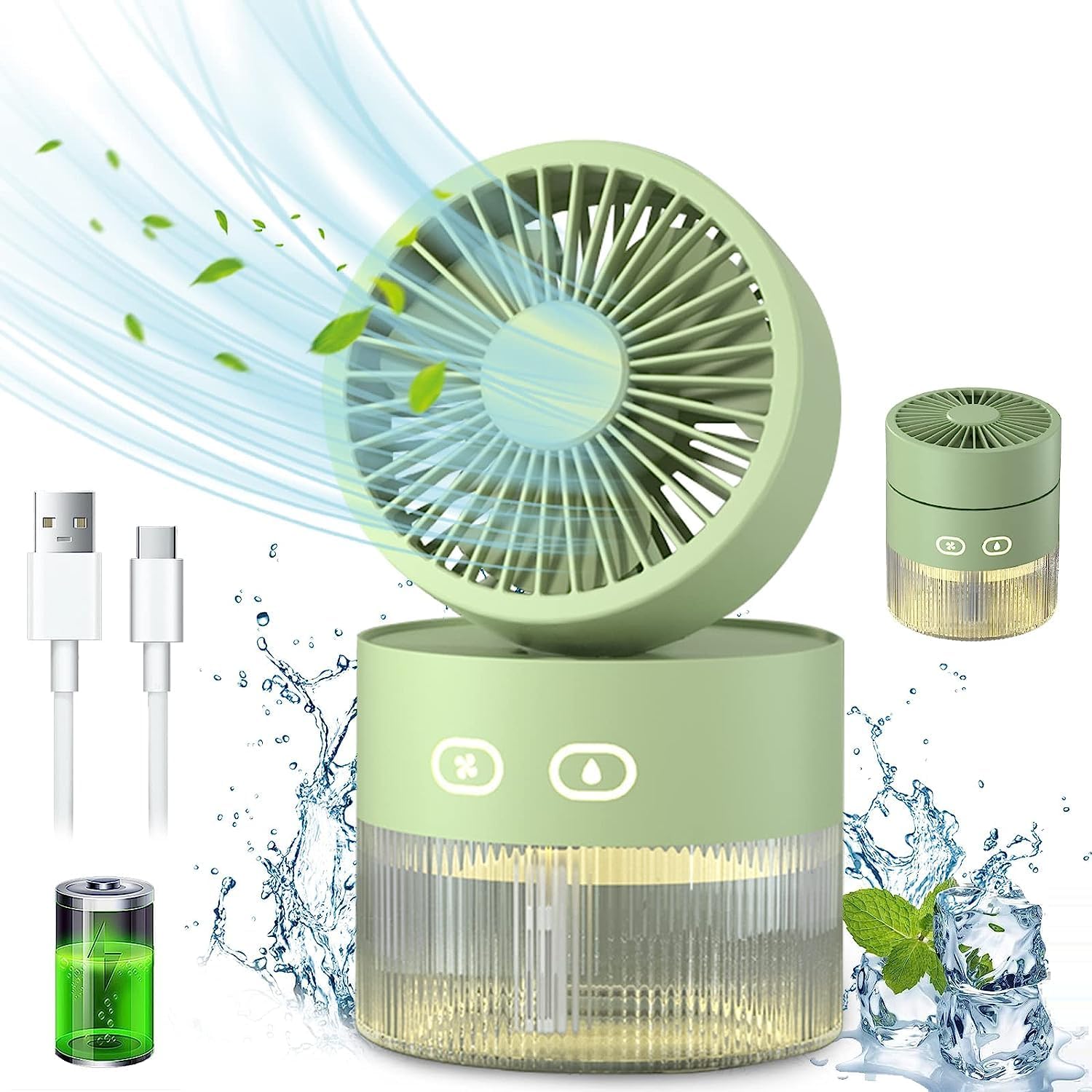 Mini wentylator chłodzący, mały nawilżacz powietrza 350 ml z lampką nocną LED, ładowanie USB biurkowe do biura i małego pokoju (zielony)