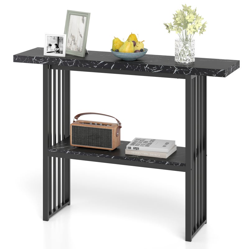 Stolik Konsolowy Imitujący Marmur, 120 x 29,5 x 92,5 cm, Skandynawski Mebel Konsolowy z 2 Poziomami, Metalowa Rama do Salonu, Przedpokoju, Czarny