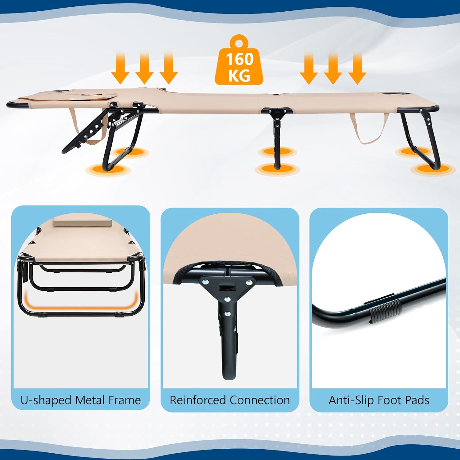 Cadeira de Sol Dobrável,Cadeira Comprida,3 Apoios de Cabeça Removíveis,Cadeira de Praia Reclinável,Encosto Regulável em 5 Posições,63x194x37cm,Bege - 7