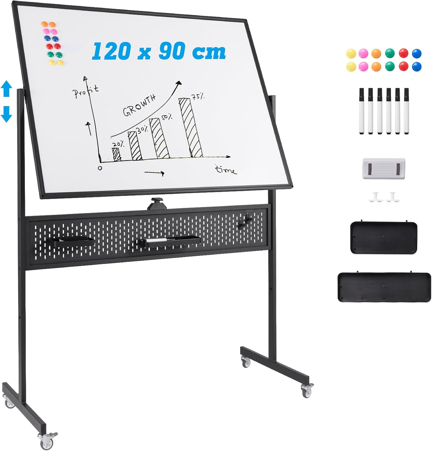Pizarra blanca magnética 120 x 90 cm, pizarra blanca grande doble cara, ruedas bloqueables, giro 360°, altura ajustable, panel perforado y acc
