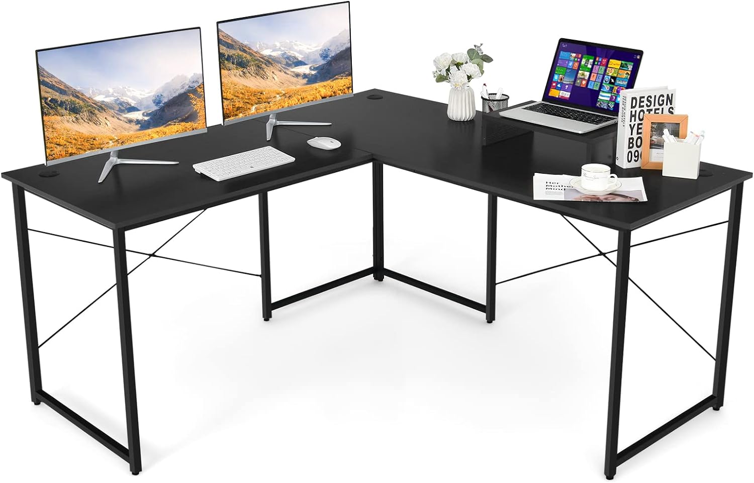 Scrivania Angolare, con Supporto per Monitor e Fori per Cavi