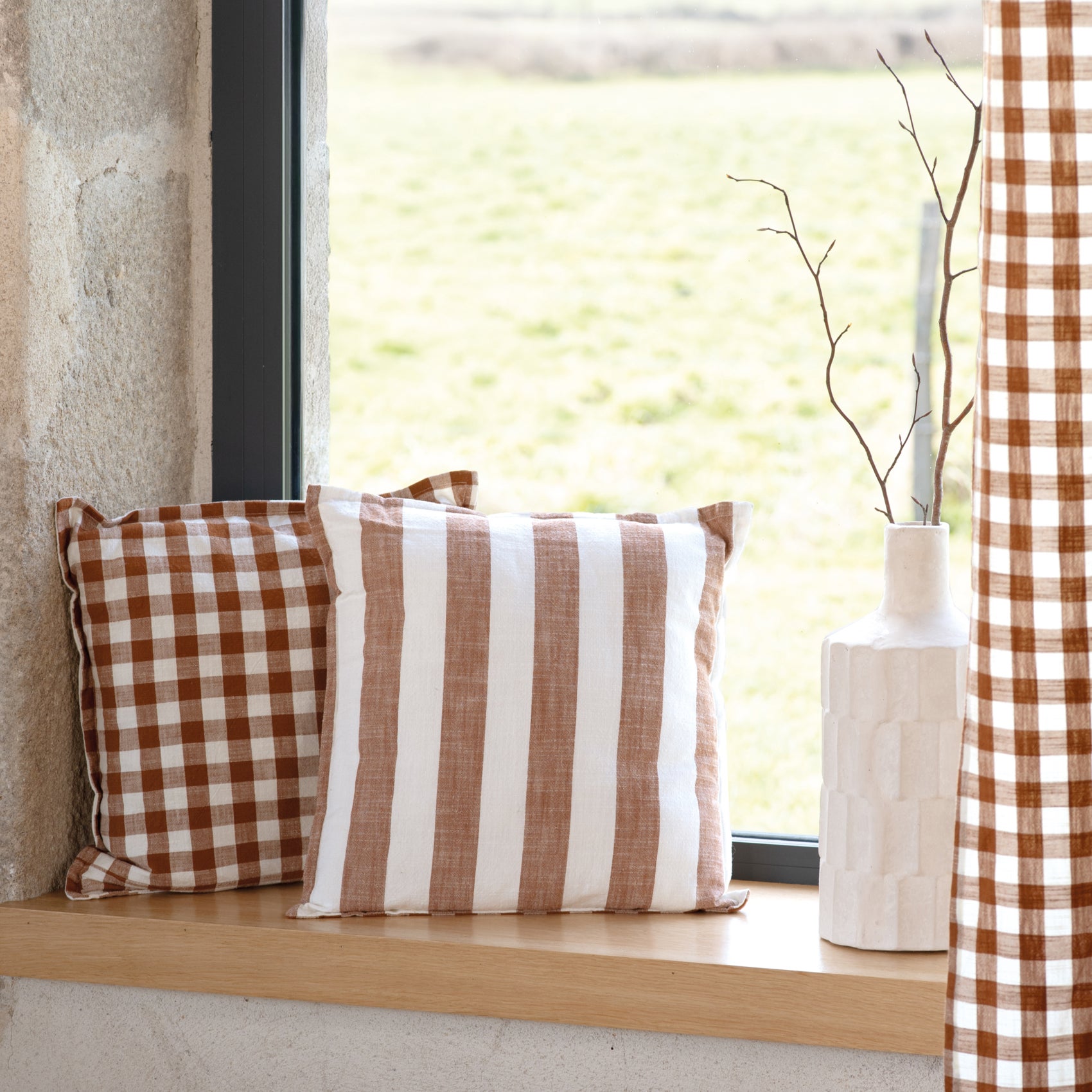 Housse de coussin recto-verso 100% coton rayures et vichy LOURMARIN - Terracotta - 45x45 cm - Coton - 3