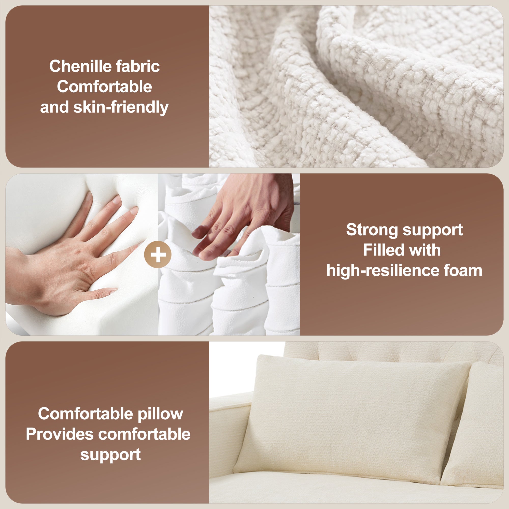 Canapé pliant moderne pour 2 personnes - avec porte-gobelets - avec ports de charge USB - avec coussins - tissu chenille - beige - 5