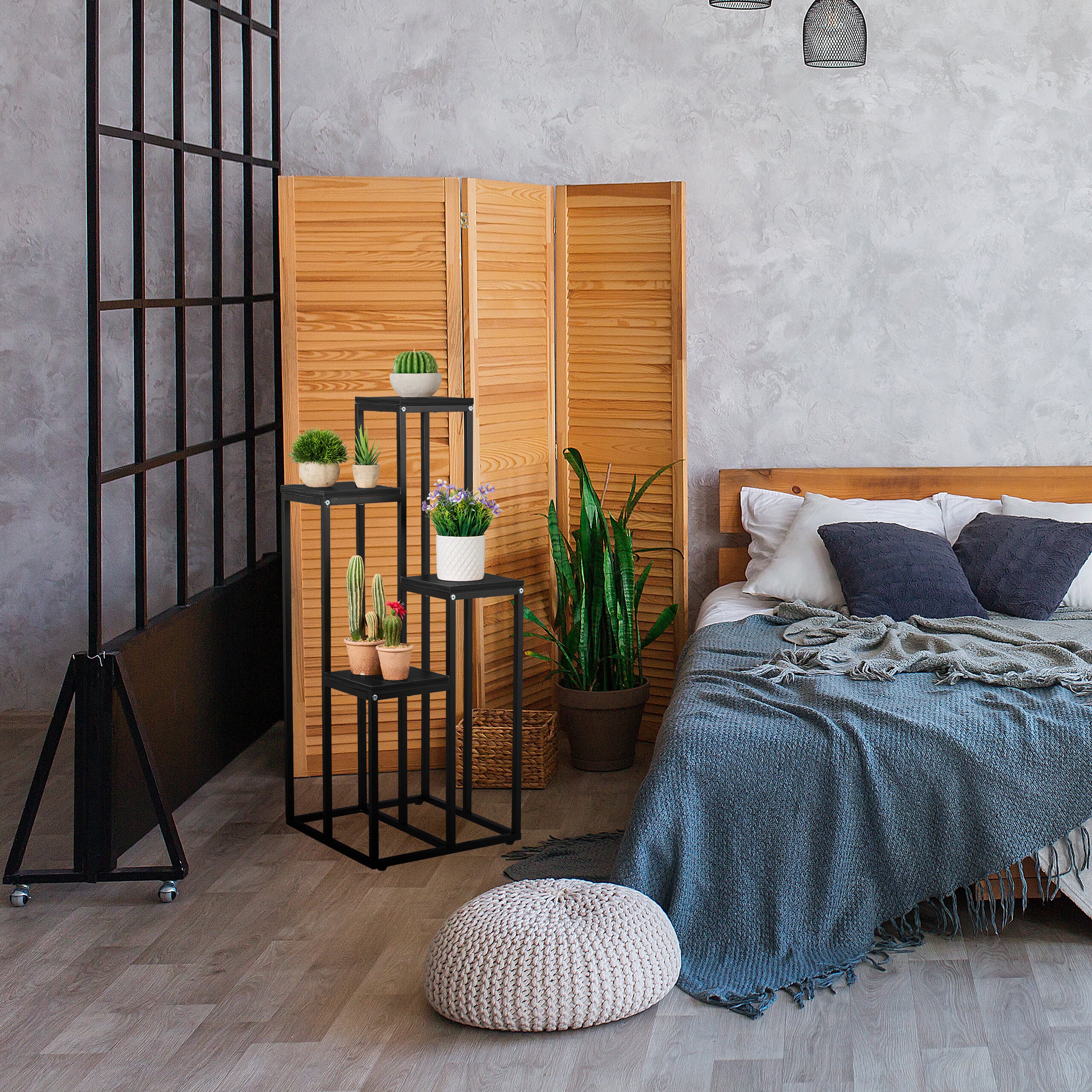 Étagère à plantes, 4 niveaux, HxLxP&nbsp;: 100x40x40&nbsp;cm, acier et MDF, escalier pour fleurs, noir, Relaxdays - 2