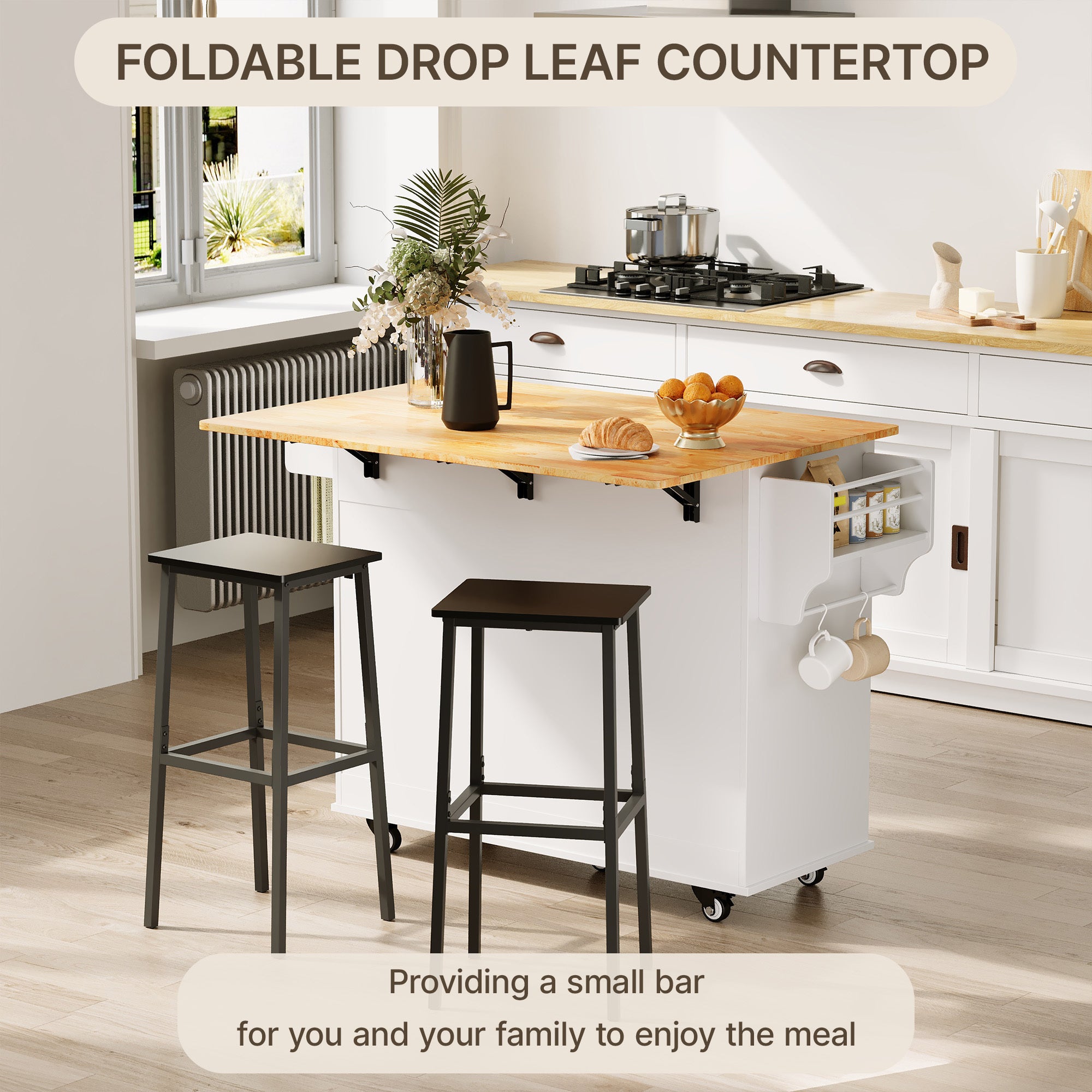 Ilha de cozinha móvel com 3 portas e 1 gaveta, tampo extensível 130x45(75)x88 cm, MDF branco e natural, Bealife - 8