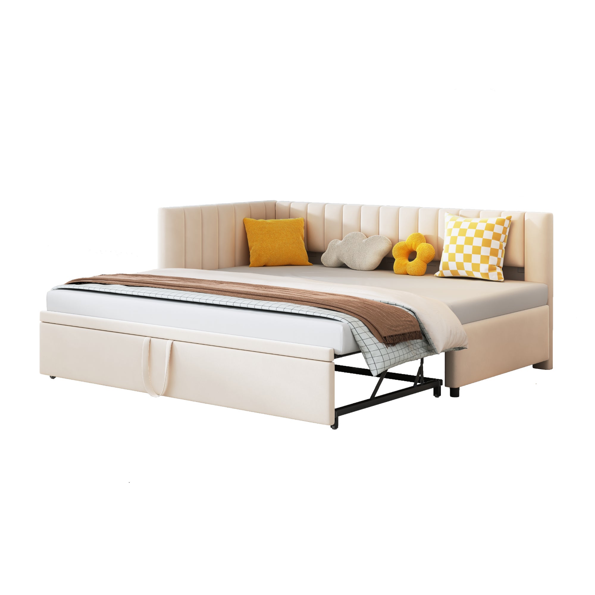 Lit gigogne 90/180 x 200 cm en forme de L, Canapé-lit - Velours - Sommier à lattes - Beige (sans matelas) - 5