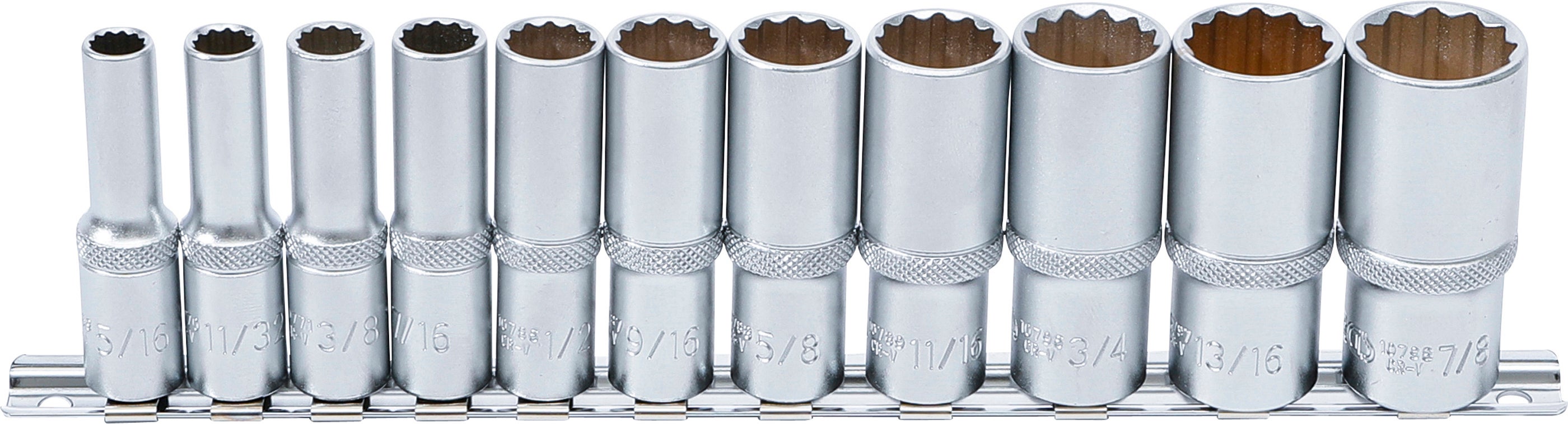 Zestaw nasadek BGS dwunastokątnych, długich, napęd kwadratowy wewnętrzny 10 mm (3/8") rozmiary calowe 11 szt. - 6859