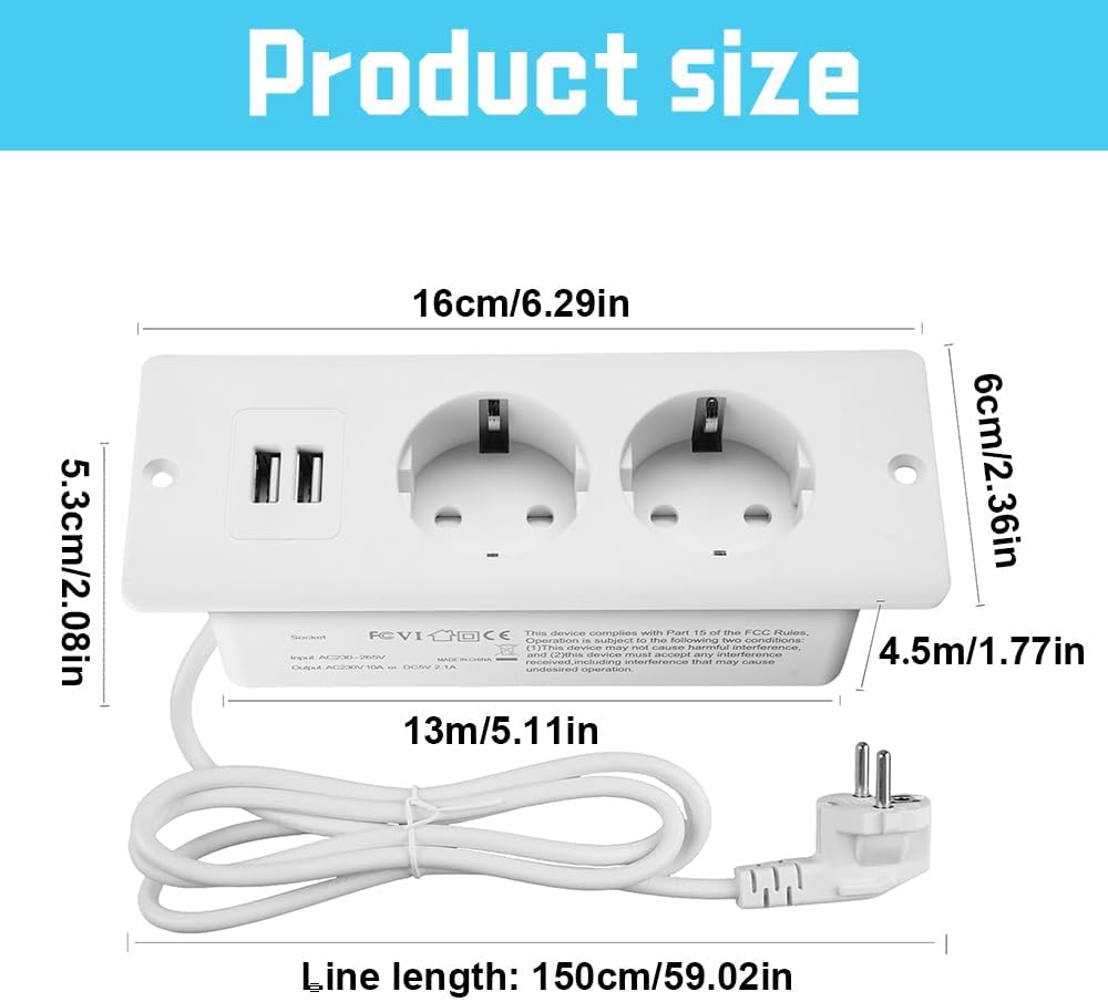 Prise Encastrable et 2 Ports USB Type-C PD20W, Câble 1,7m, Multiprise Intégrée pour Bureau et Meuble - 2