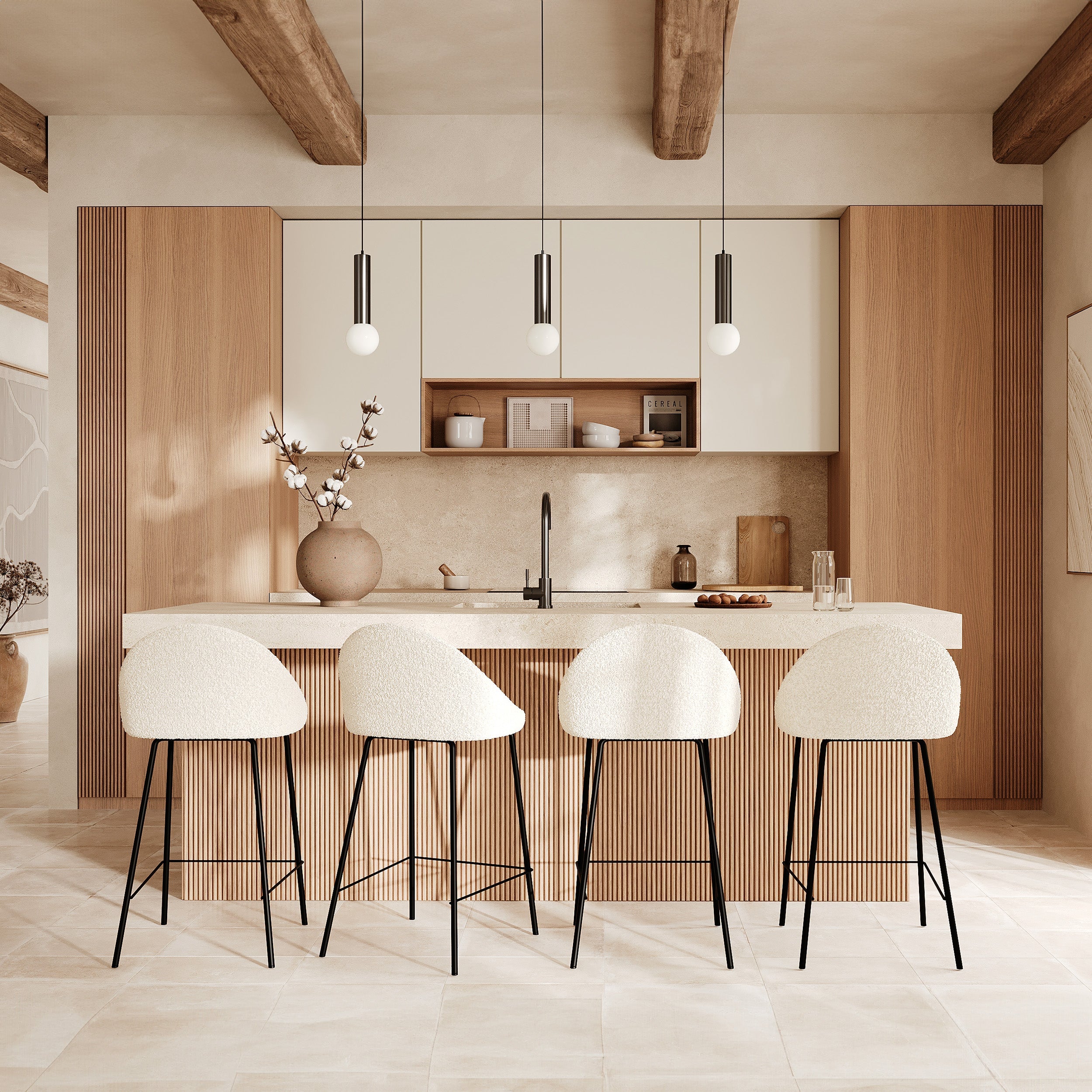 Lot de 2 chaises pour îlot central 65 cm en tissu bouclette blanc - Misty - 2