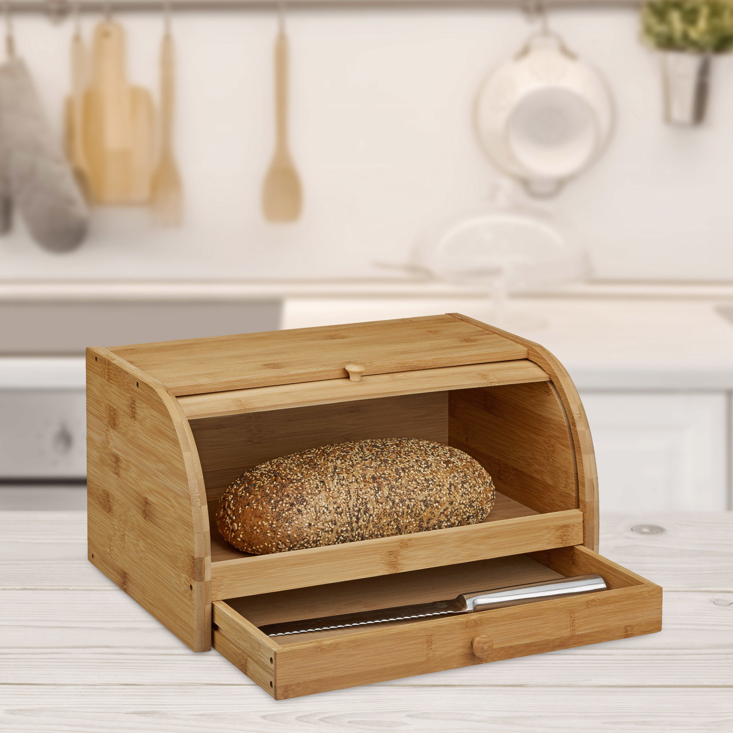 Panera, Bambú, Con cajón, Impermeable, Tapa deslizante, Madera, Marrón, 21 x 40,5 x 28 cm, Relaxdays - 2