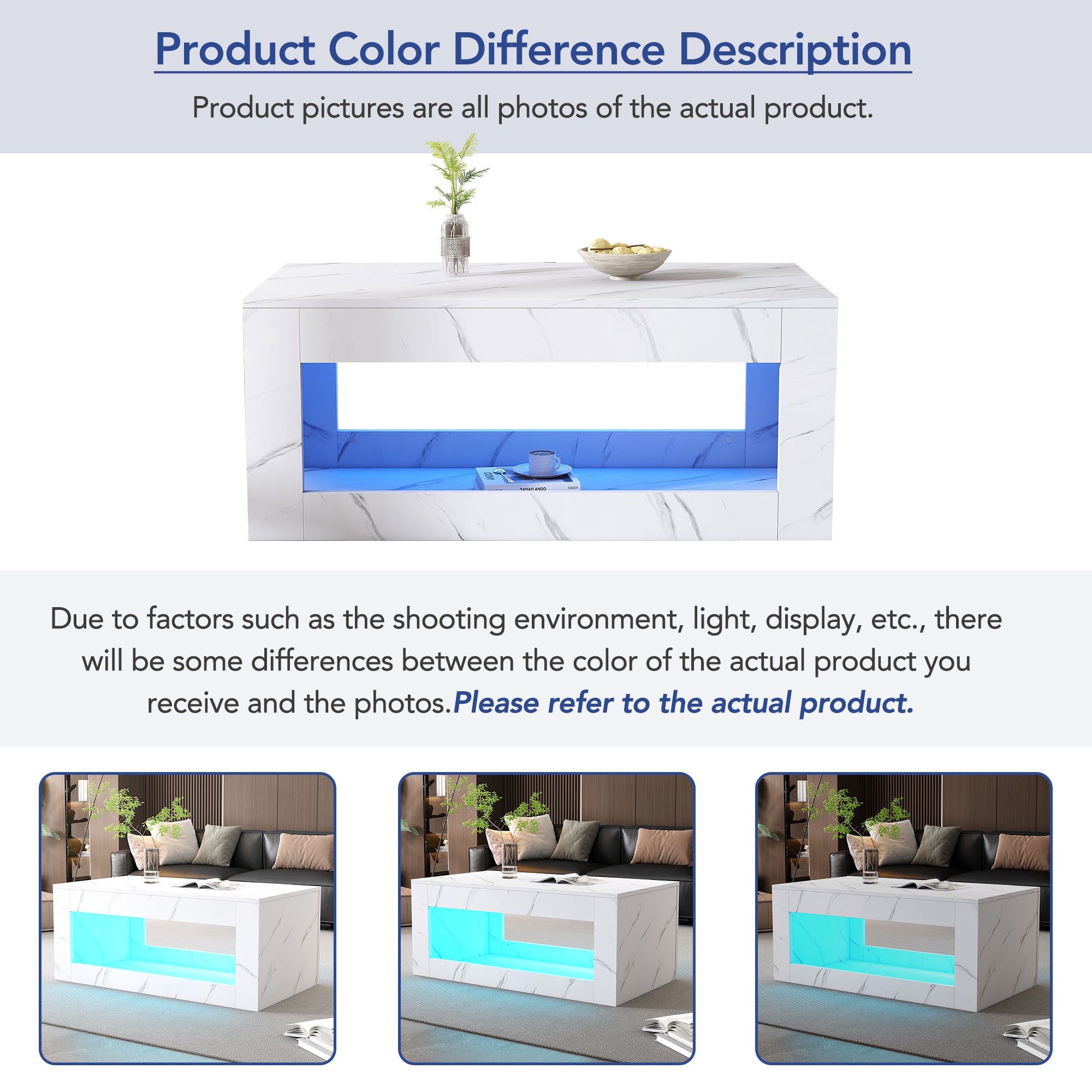 Stolik kawowy z otwartą przegrodą - 100 x 50 x 50 cm - Płyta wiórowa - Diody LED - Wzór marmurowy - Biały - 6