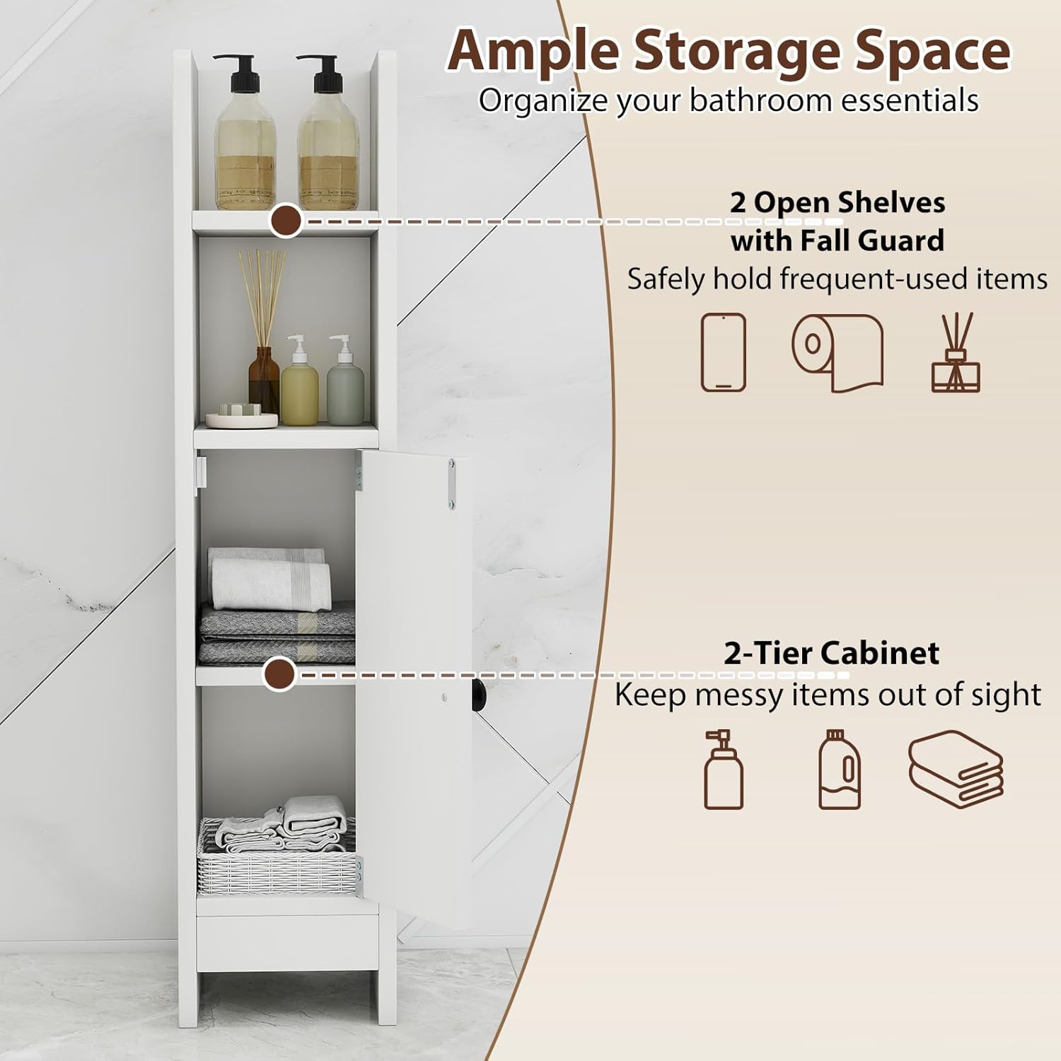 LIFEZEAL Armoire de Rangement Salle de Bain Étroite, avec Porte Fermée et Étagères Réglables, Meuble de Rangement pour Salle de Bain，Blanc - 4