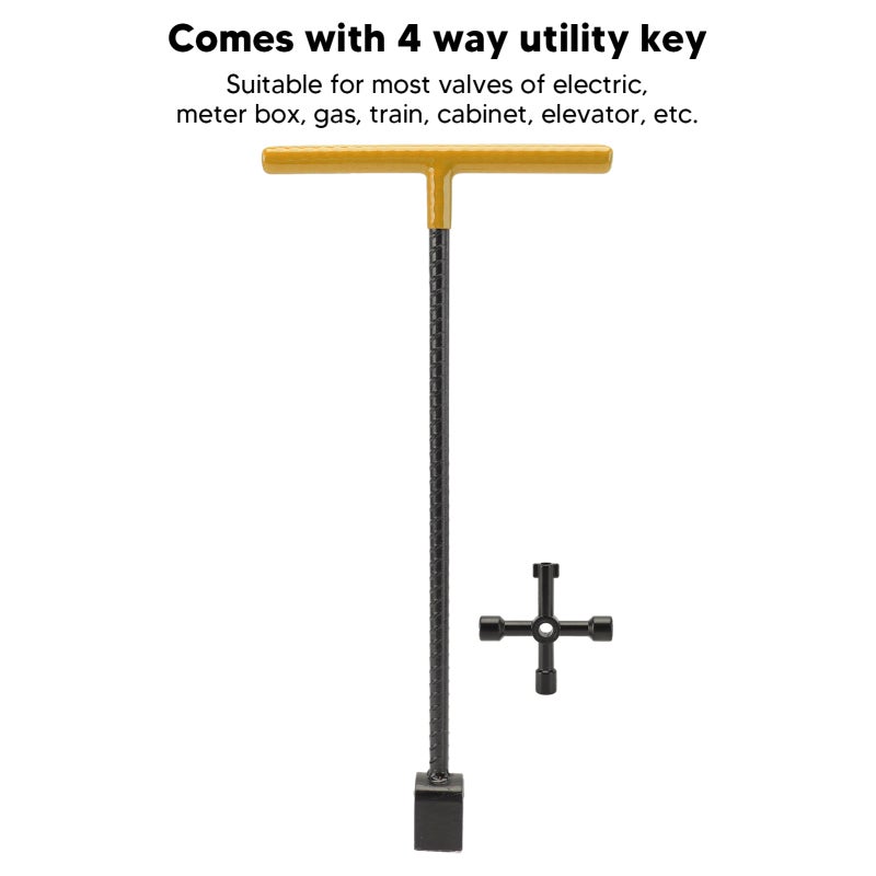 Clé de compteur d’eau en acier avec poignée en T, outil multifonction 4 en 1 pour vannes, robinets d’arrêt et compteurs, jaune - 3