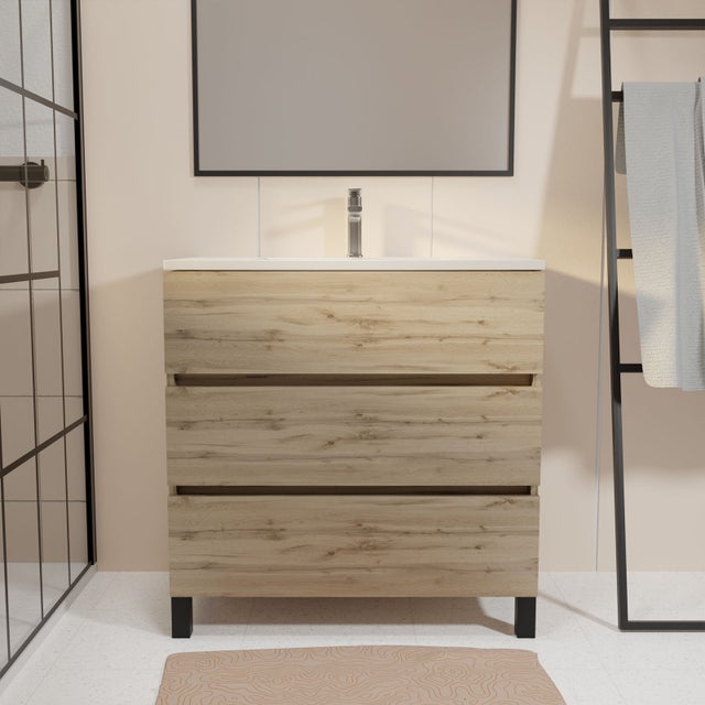 Meuble de salle de bains 70 cm TIMBER - Décor Chêne Naturel 3 tiroirs avec Vasque blanche