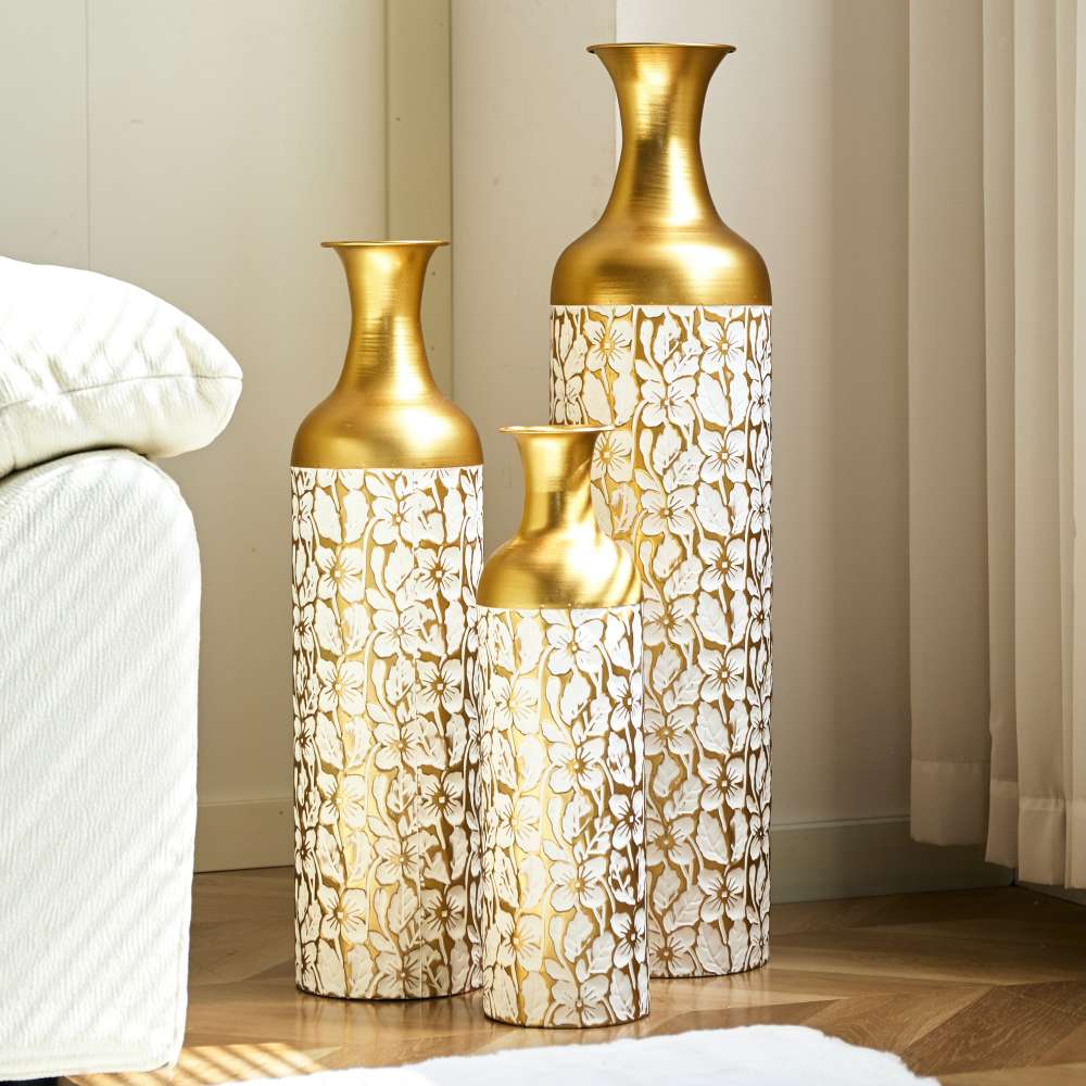 Set di 3 vasi da terra in metallo bianco dorato – Altezze 83/65/50 cm, grandi vasi retrò per soggiorno e camera, perfetti per fiori secchi e pampas - 7