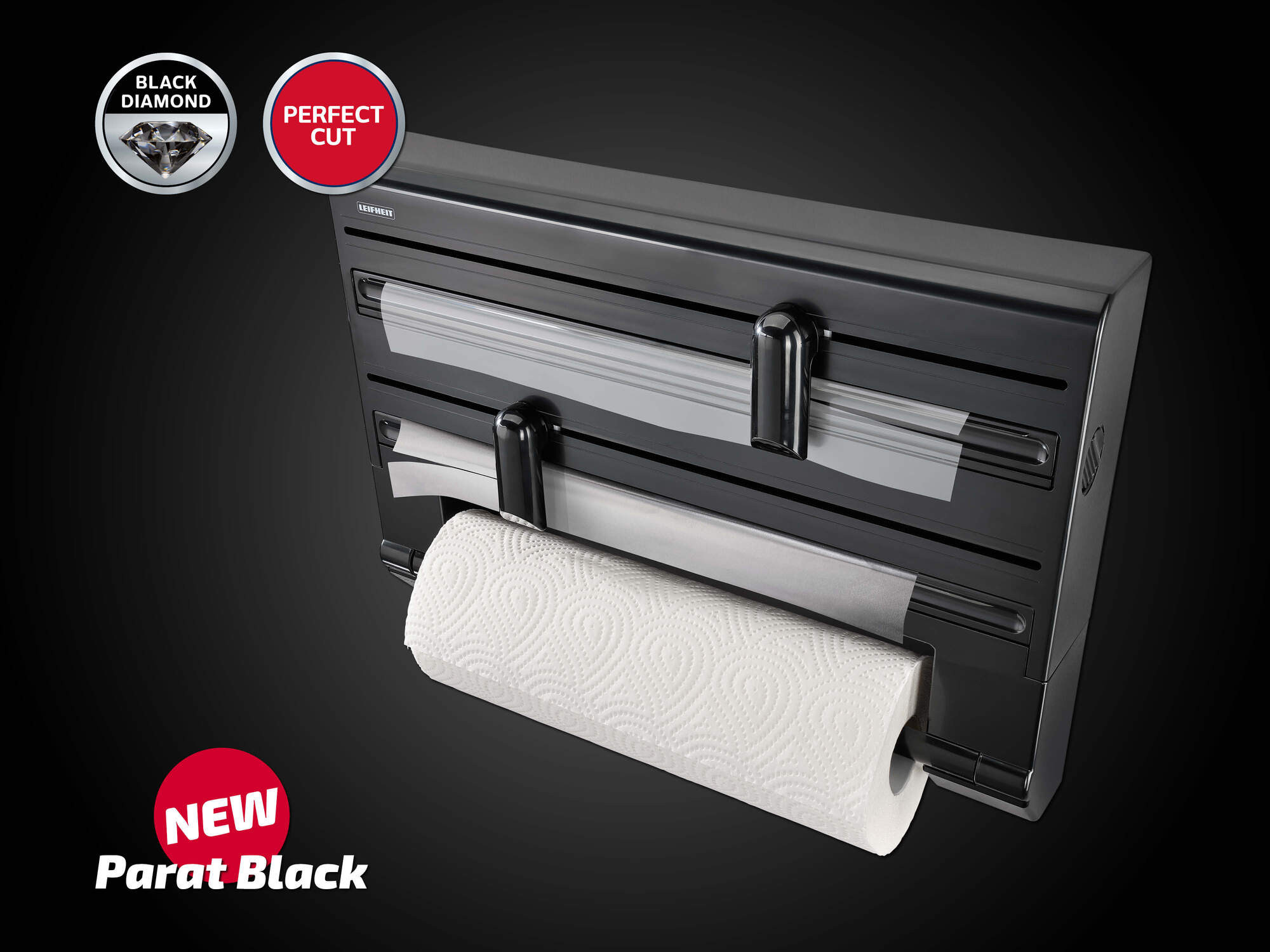 Leifheit dérouleur mural Parat Black 25794, porte-rouleau mural cuisine pour 3 rouleaux avec lames tranchantes, noir - 2