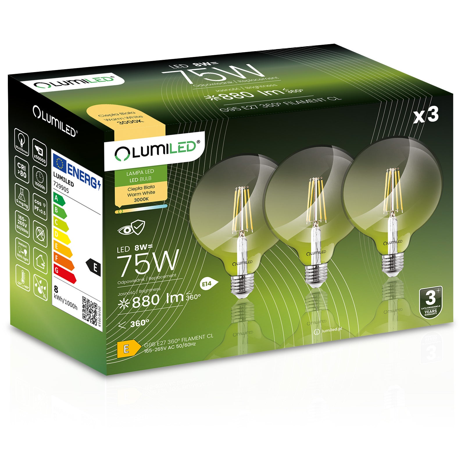 Żarówka LED Lumiled E27 Kula G95 8W 880lm 3000K Ciepła biel 360st Filament 3 szt.