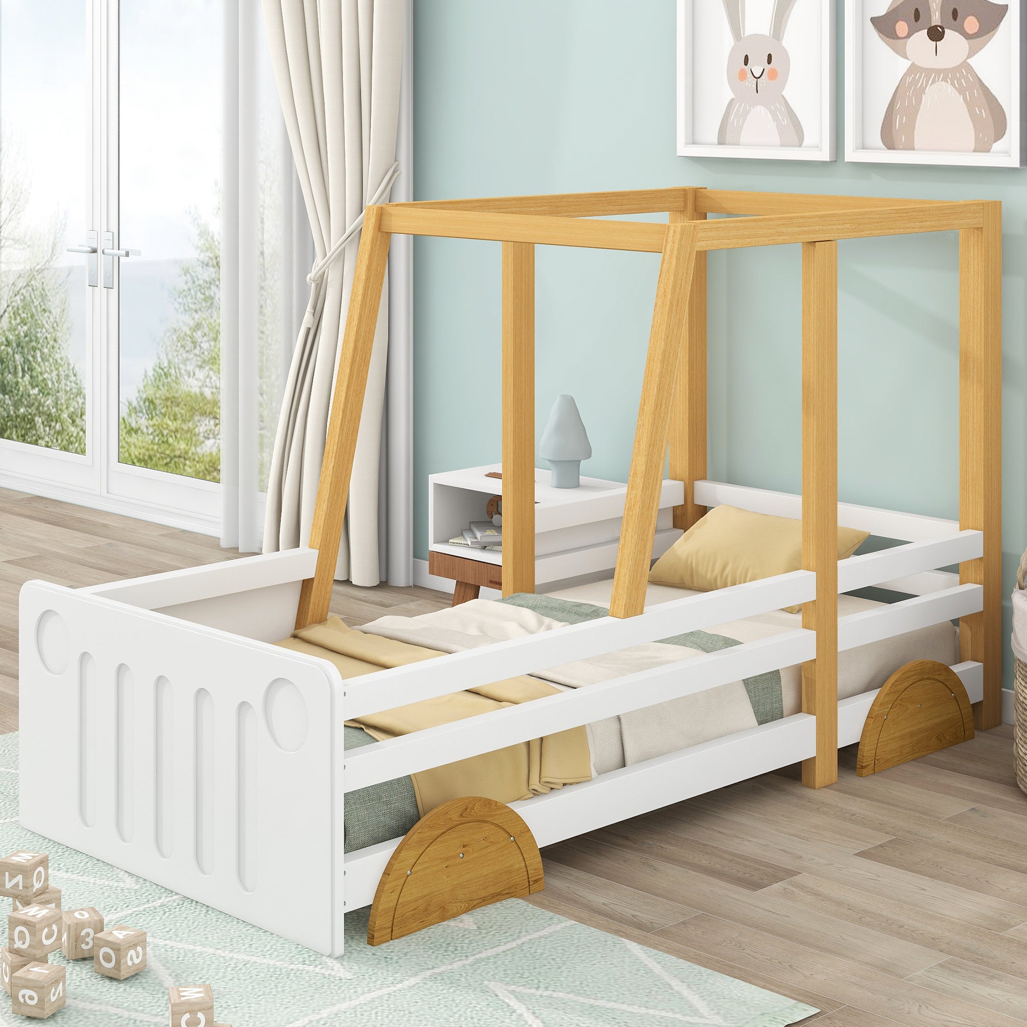 Łóżko dziecięce Jeep 90 x 200 cm z kółkami z płyty Mdf - rama łóżka z pojedynczej sosny - biały