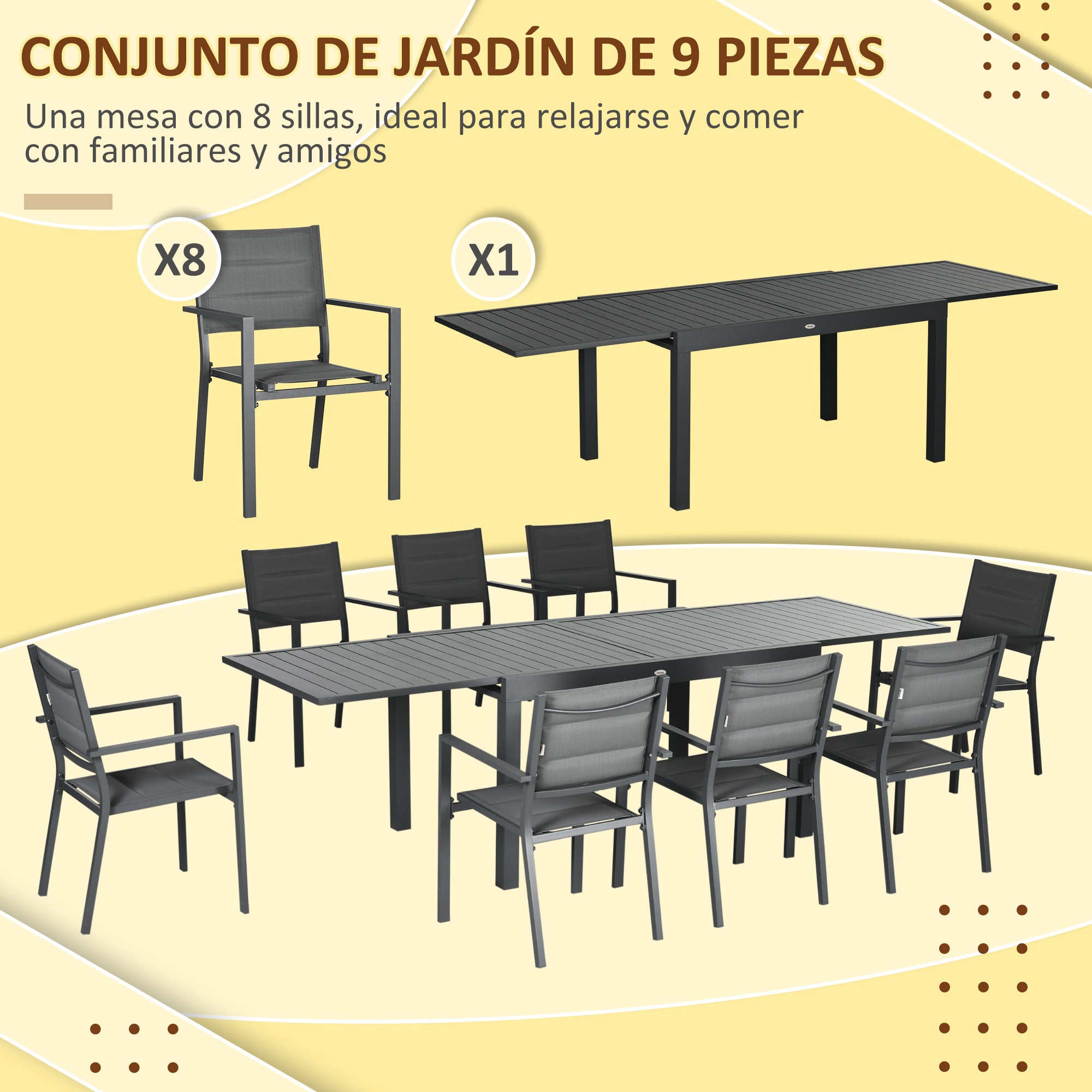 Conjunto de Refeição Outsunny Cinza Escuro/Cinza de carvão Textilene e Alumínio 135-270x89x74cm - 4