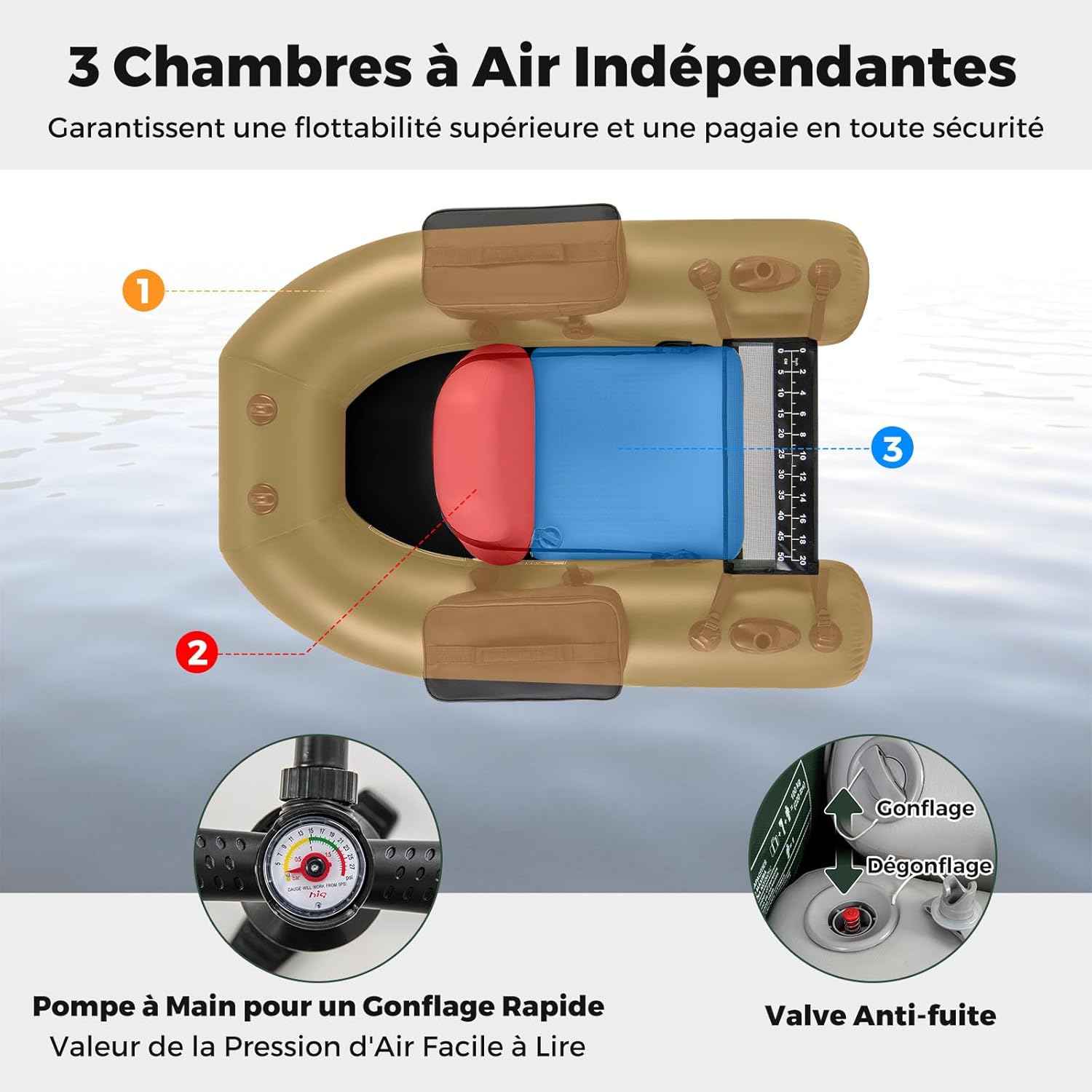 Bateau de Pêche Gonflable avec 3 Chambres à Air, Bateau Gonflable avec Règle à Poisson 2 Poches de Rangement Pompe, Charge 100 KG, Camouflage - 7
