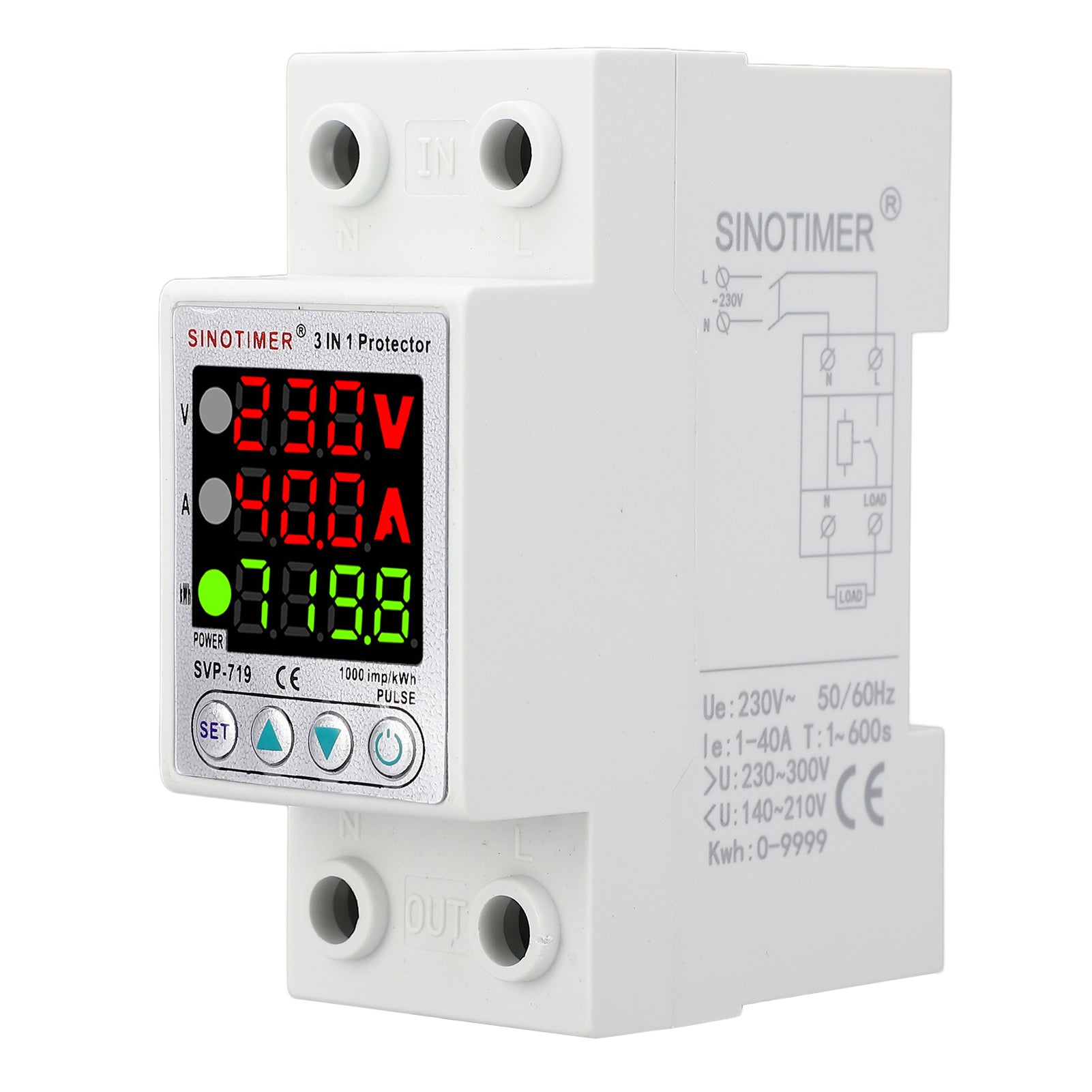 Relais de tension 230V 40A DIN avec écran LCD, protection surtension et sous-tension, limiteur de courant, réarmement automatique SVP-719 - 3