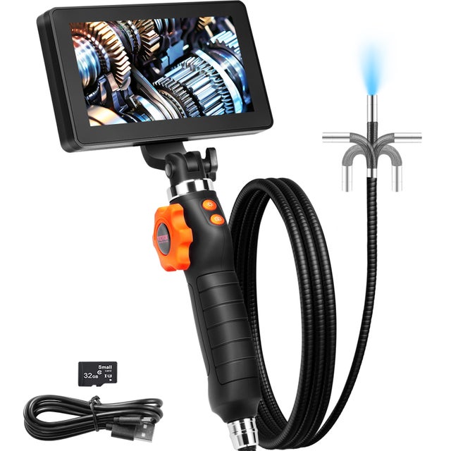 Endoscope flexible,VEVOR double endoscope articulaire avec objectif fin 6,4 mm,écran IPS 5 pouces,grossissement 8x,caméra serpent à 8 lumières LED