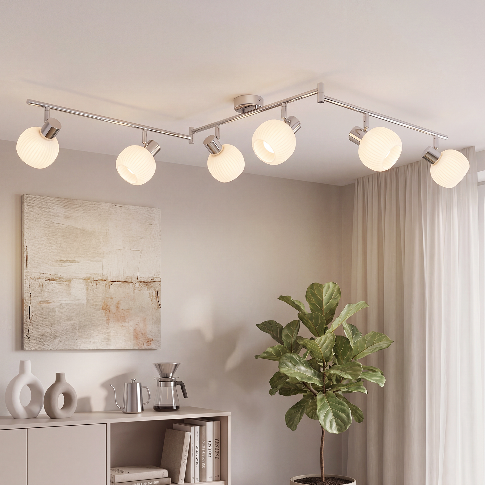 ZMH Reflektor sufitowy 6-punktowy, gniazdo E14, szkło Morden White, salon