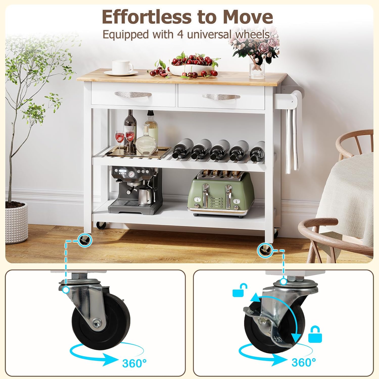 Carrello da cucina con ruote, carrello di servizio, piano di lavoro in legno di caucciù, 2 cassetti, 2 ripiani, isola cucina (Bianco) - 5