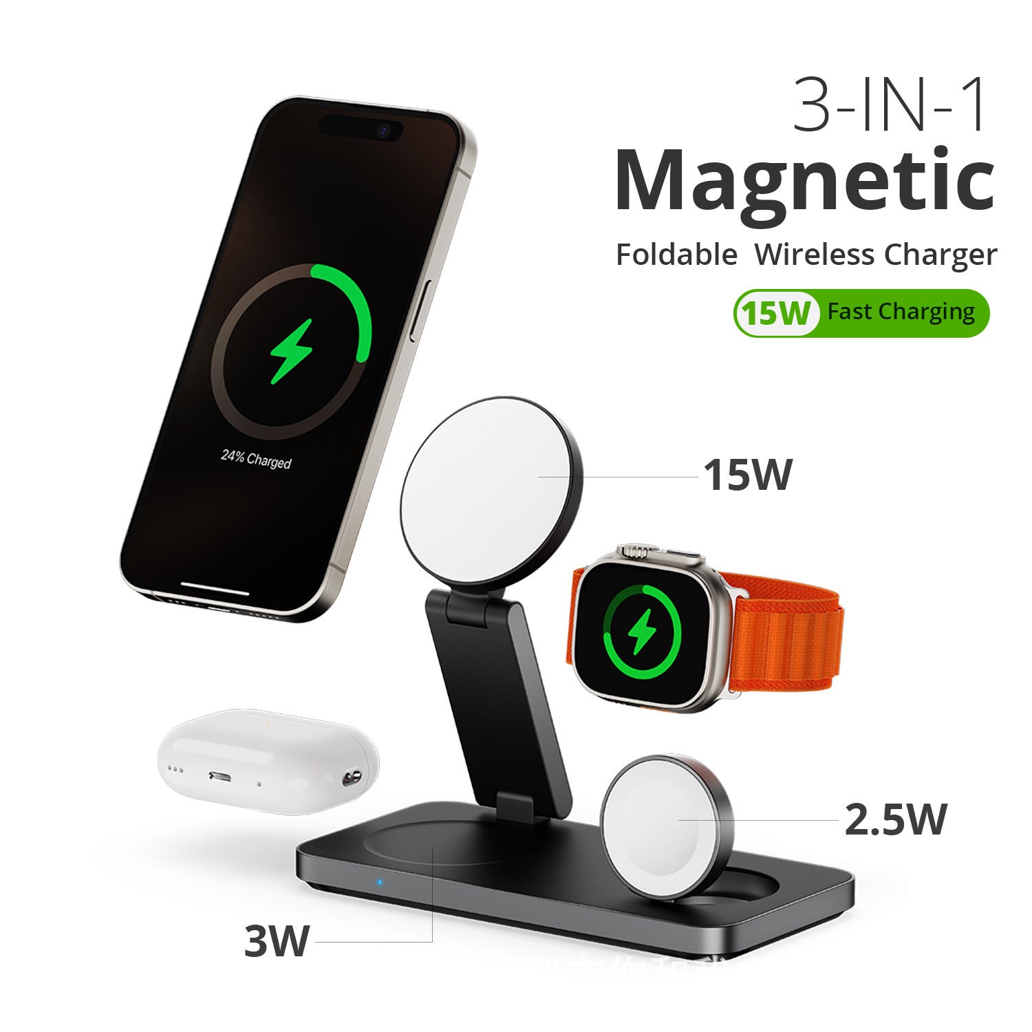 Ładowarka bezprzewodowa z, stacja ładująca 3 w 1 dla Apple, składana indukcyjna ładowarka bezprzewodowa do iPhone 16 15 14 13 12, Apple Watch