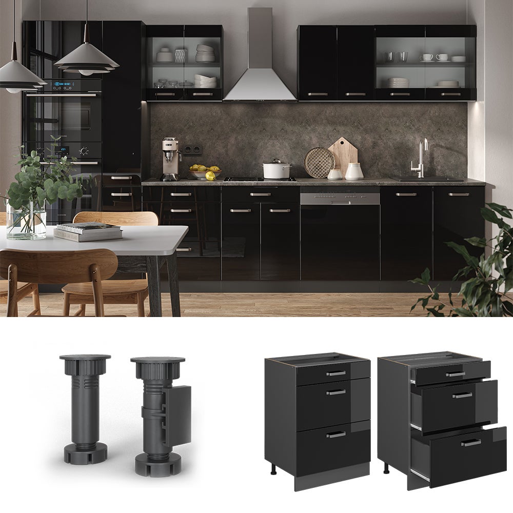 Vicco Meuble cuisine R-Line, Noir Haute brillance, 60cm avec tiroirs, sans PT - 2