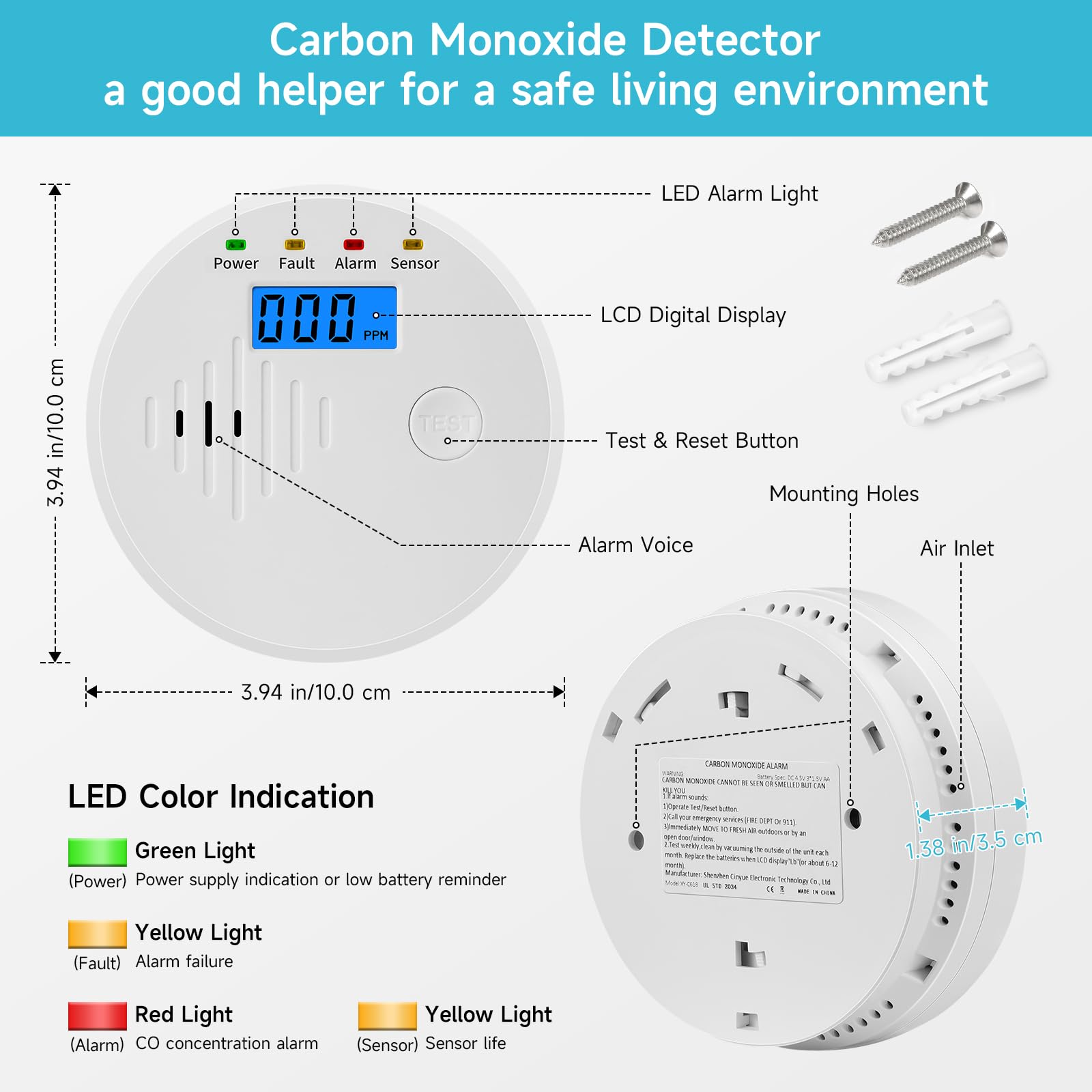 Detector de monóxido de carbono con pantalla LCD digital, alarma sonora y visual, funciona con pilas. - 2