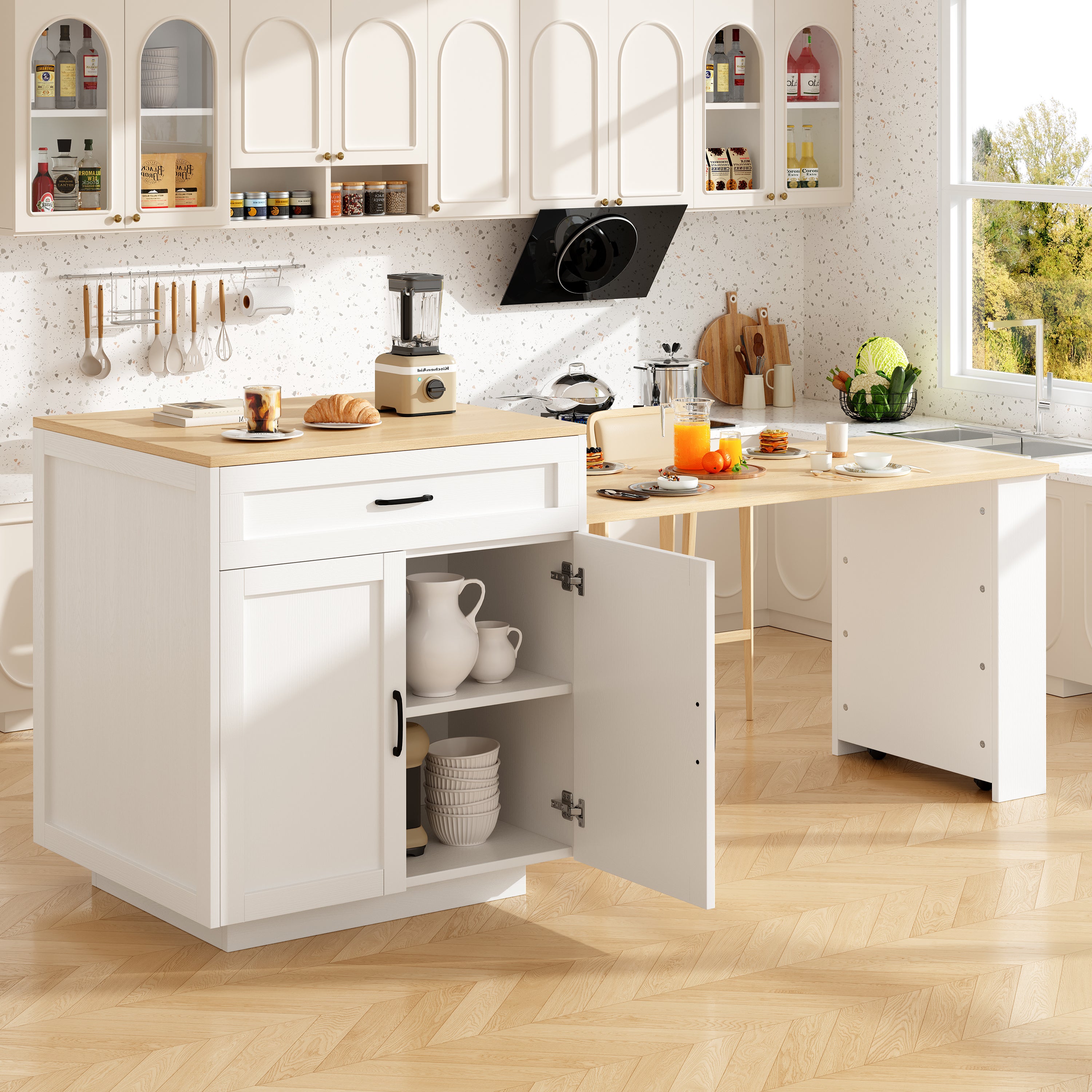 Îlot De Cuisine Blanc/Chêne Julina 124x75x82 Cm - Plan De Travail MDF Avec Étagères | Meuble De Cuisine Central Multifonction
