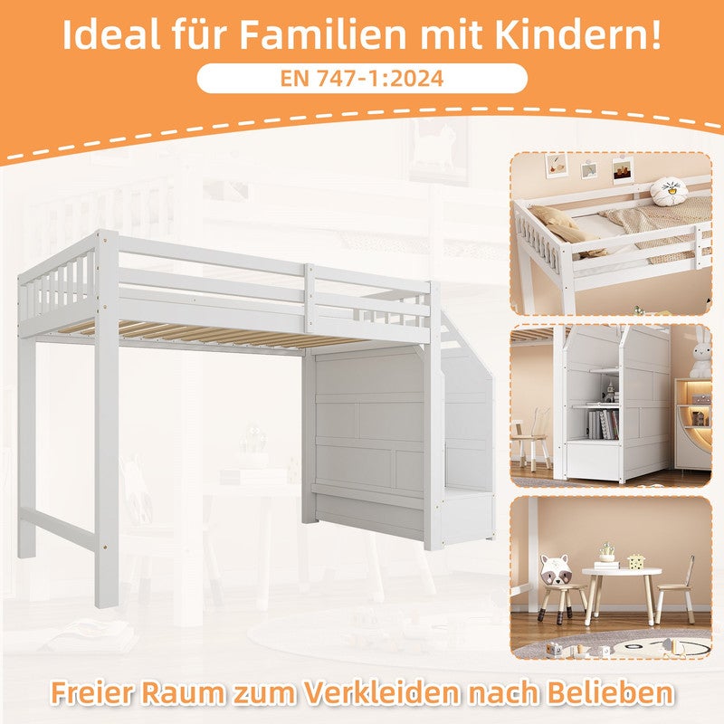 Lit mezzanine 90x200,Multifonctionnel Lit Superposé Enfant avec Escaliers de Rangement et Barrière,Lit Hauteur en bois ,Blanc - 6