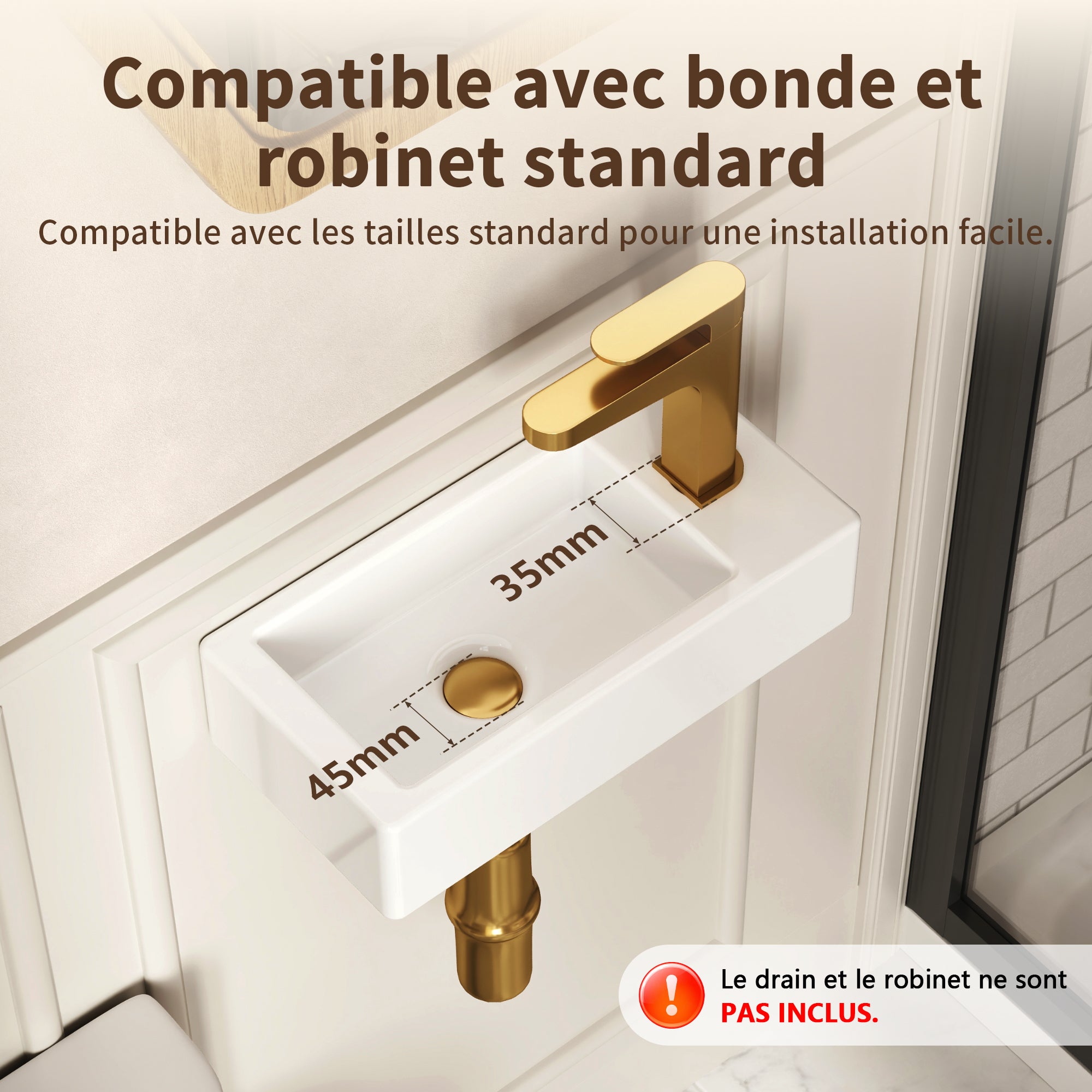 Vasque Lave Main Meuble - DeerValley Vasque Suspendu Rectangulaire Blanc pour Vasque Salle de Bain - Trou pour Robinet à Droite 37.5x18x9cm - 7