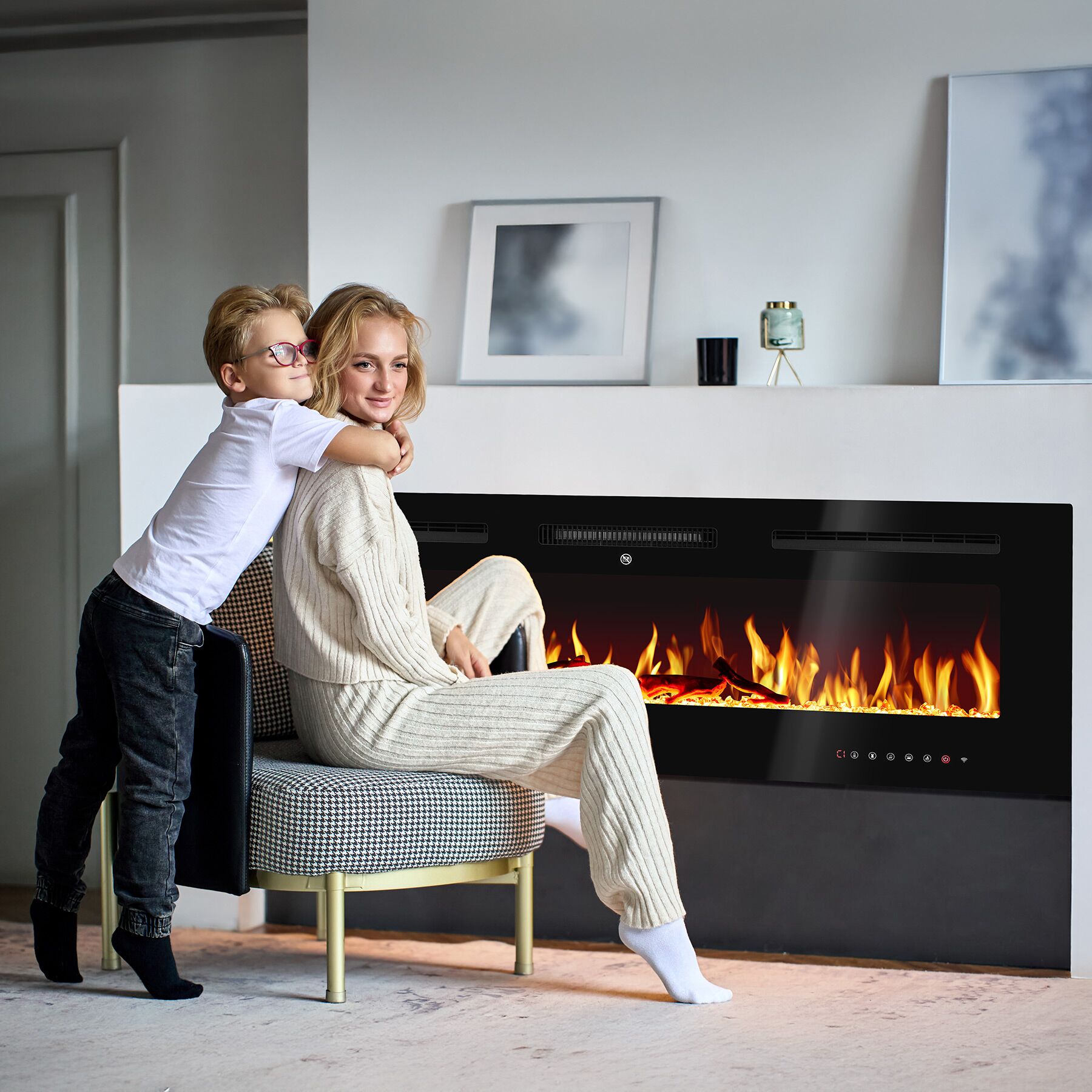 Chimenea eléctrica de pared luci, 2 niveles de calefacción (900w y 1800w), efecto llama, 127x12x43 cm, negro tectake