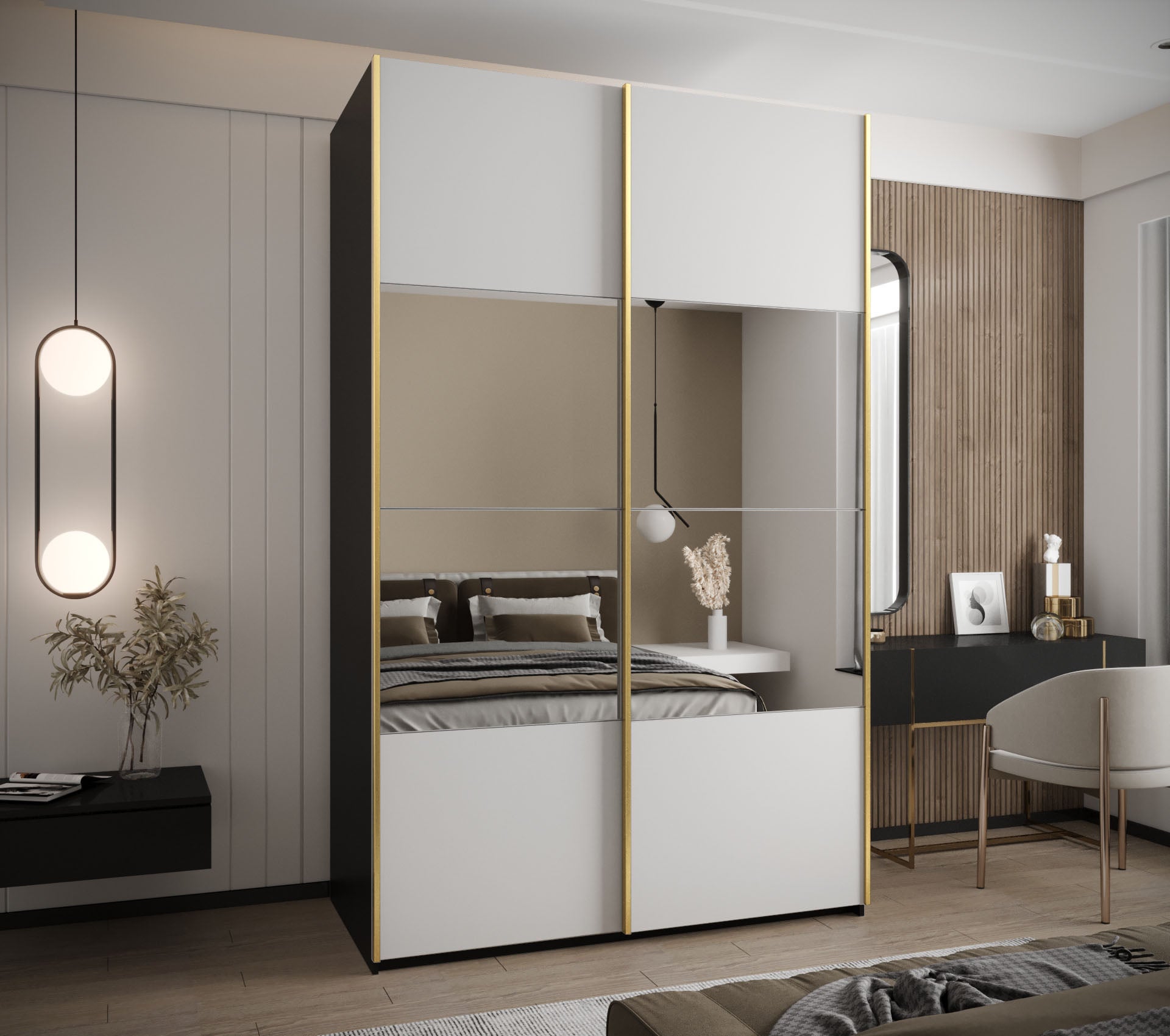 Szafa przesuwna wysoka Lux 4 150 x 64 x 245,5 cm czarny + biały + u. złoty - Abiks Meble - 2