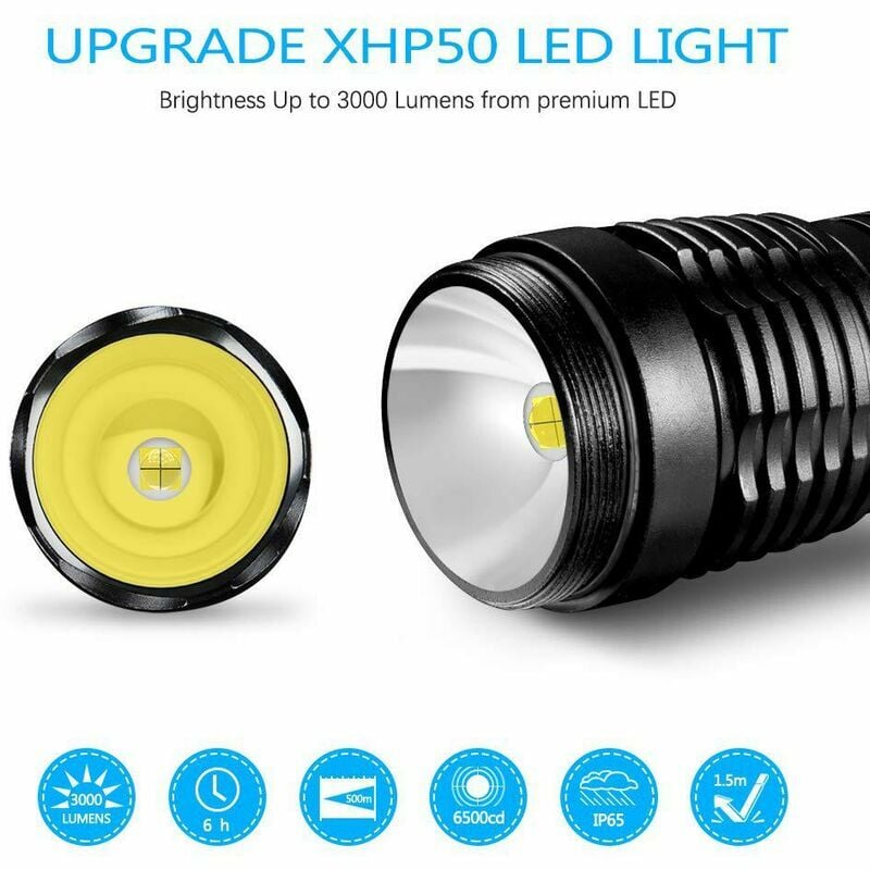 LED USB Rechargeable Ultra Puissante 3000 Lumens CREE XHP50 Lampe Torche, 5 Modes IP65 Étanche Militaire Zoomable(Pile Rechargeable Incluse) - 3